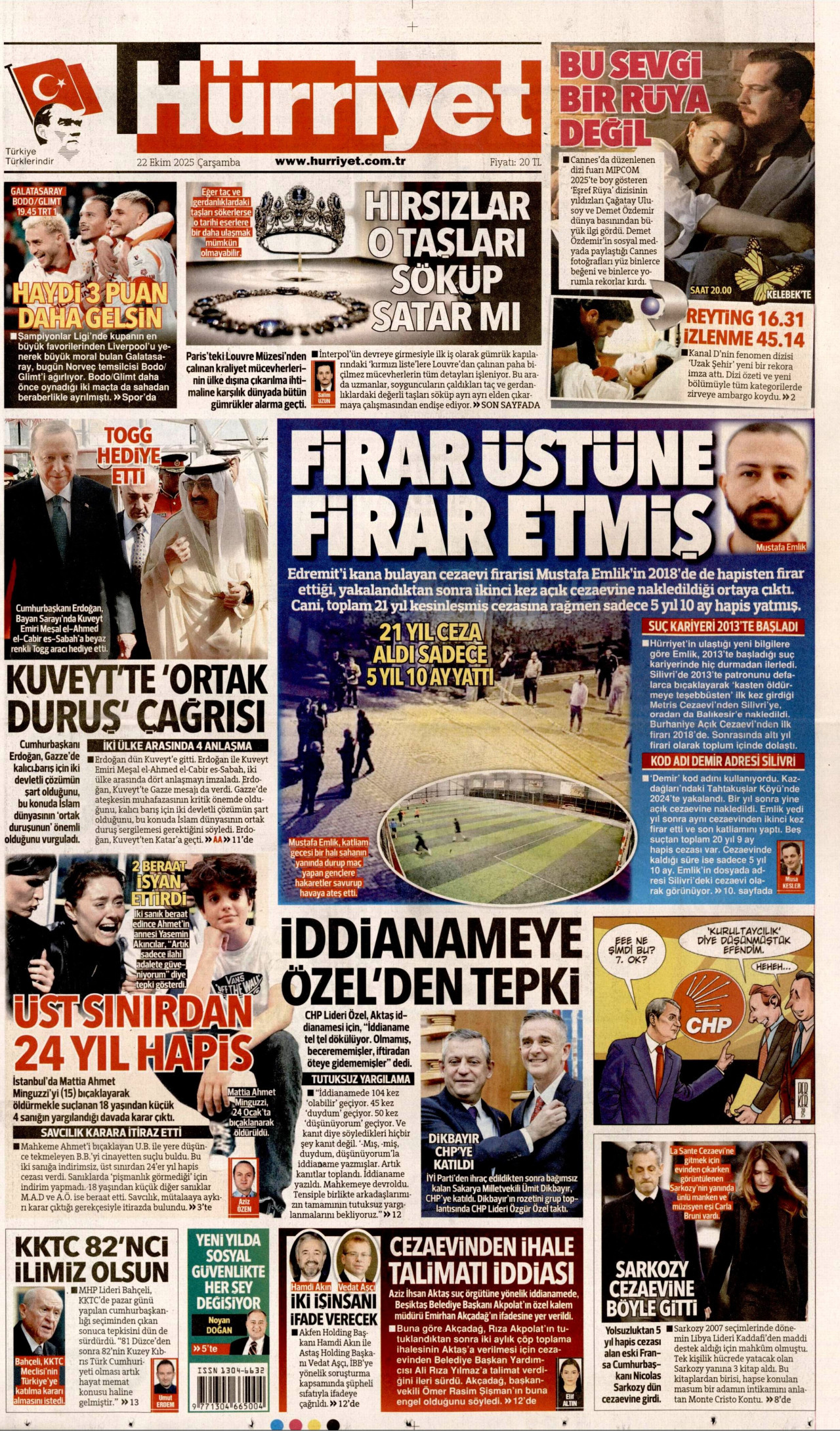 HÜRRİYET gazetesinin 22 Ekim 2025 tarihli birinci sayfası