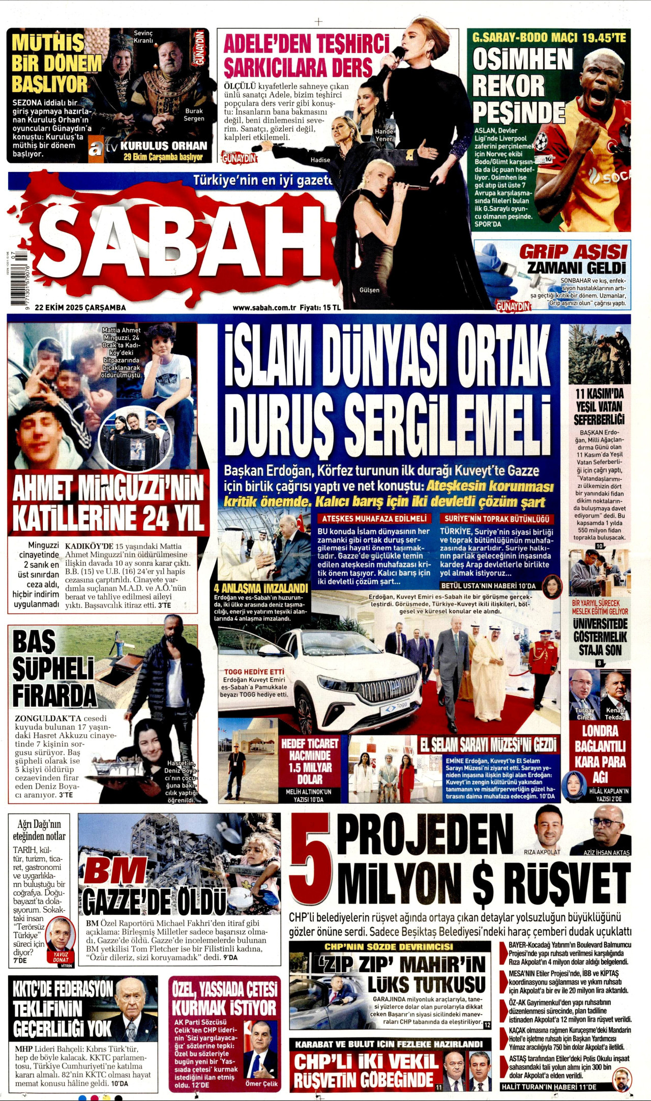 SABAH gazetesinin 22 Ekim 2025 tarihli birinci sayfası