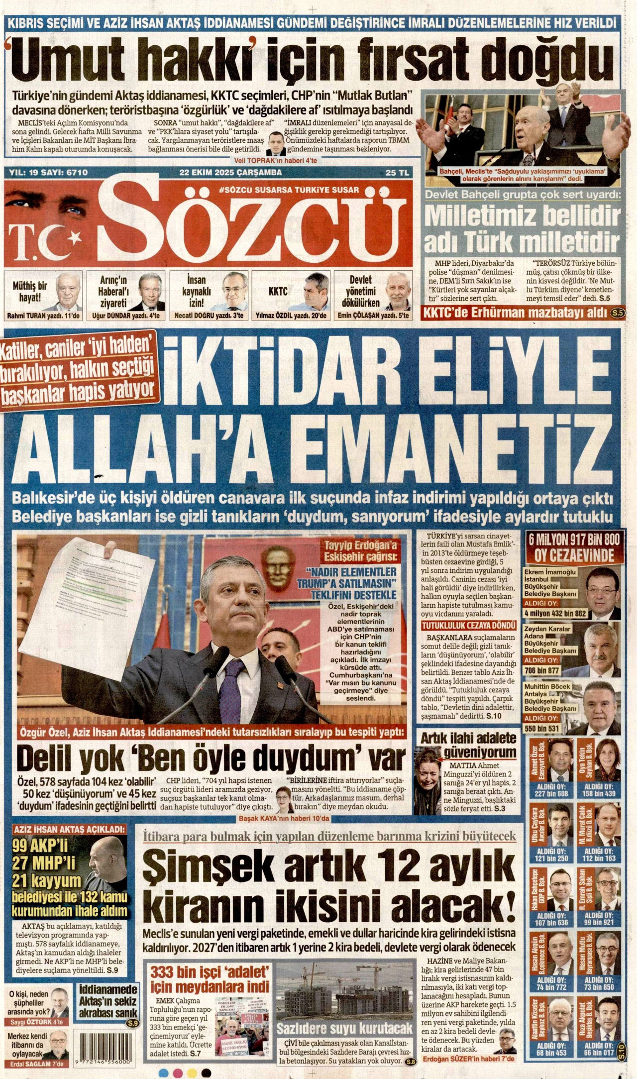 SÖZCÜ gazetesinin 22 Ekim 2025 tarihli birinci sayfası