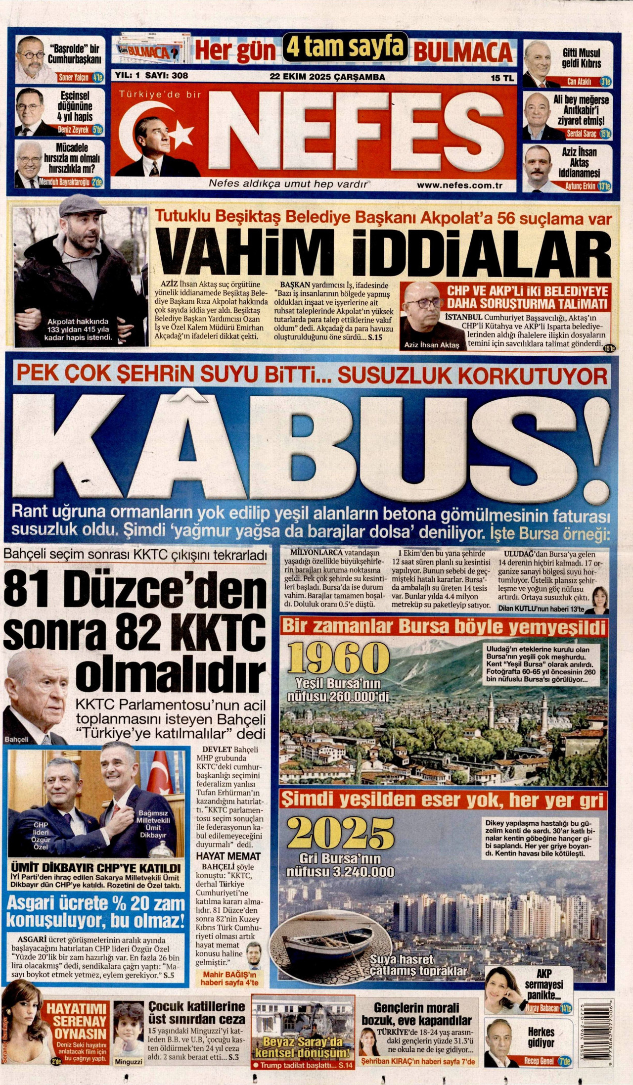 NEFES gazetesinin 22 Ekim 2025 tarihli birinci sayfası