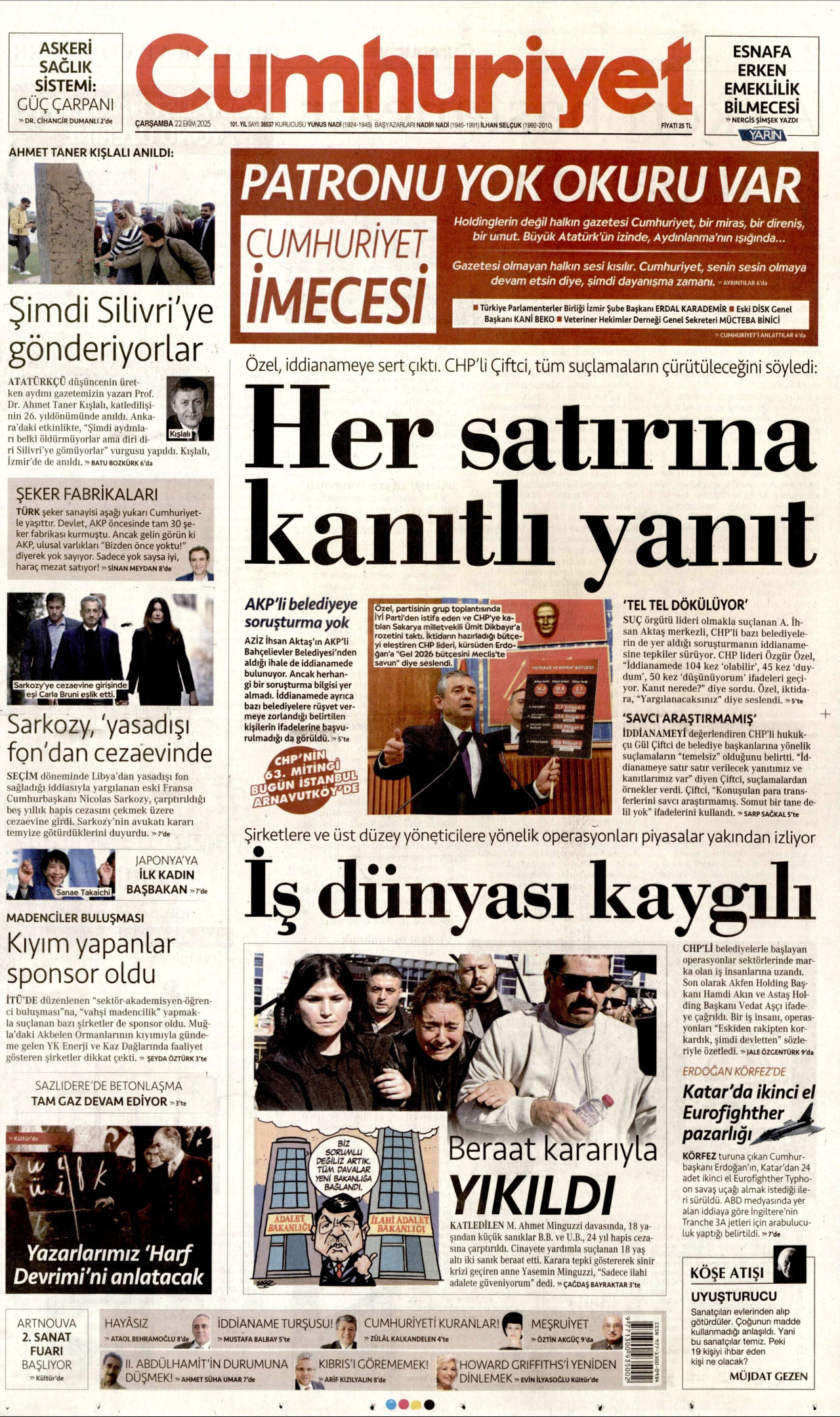 CUMHURİYET gazetesinin 22 Ekim 2025 tarihli birinci sayfası