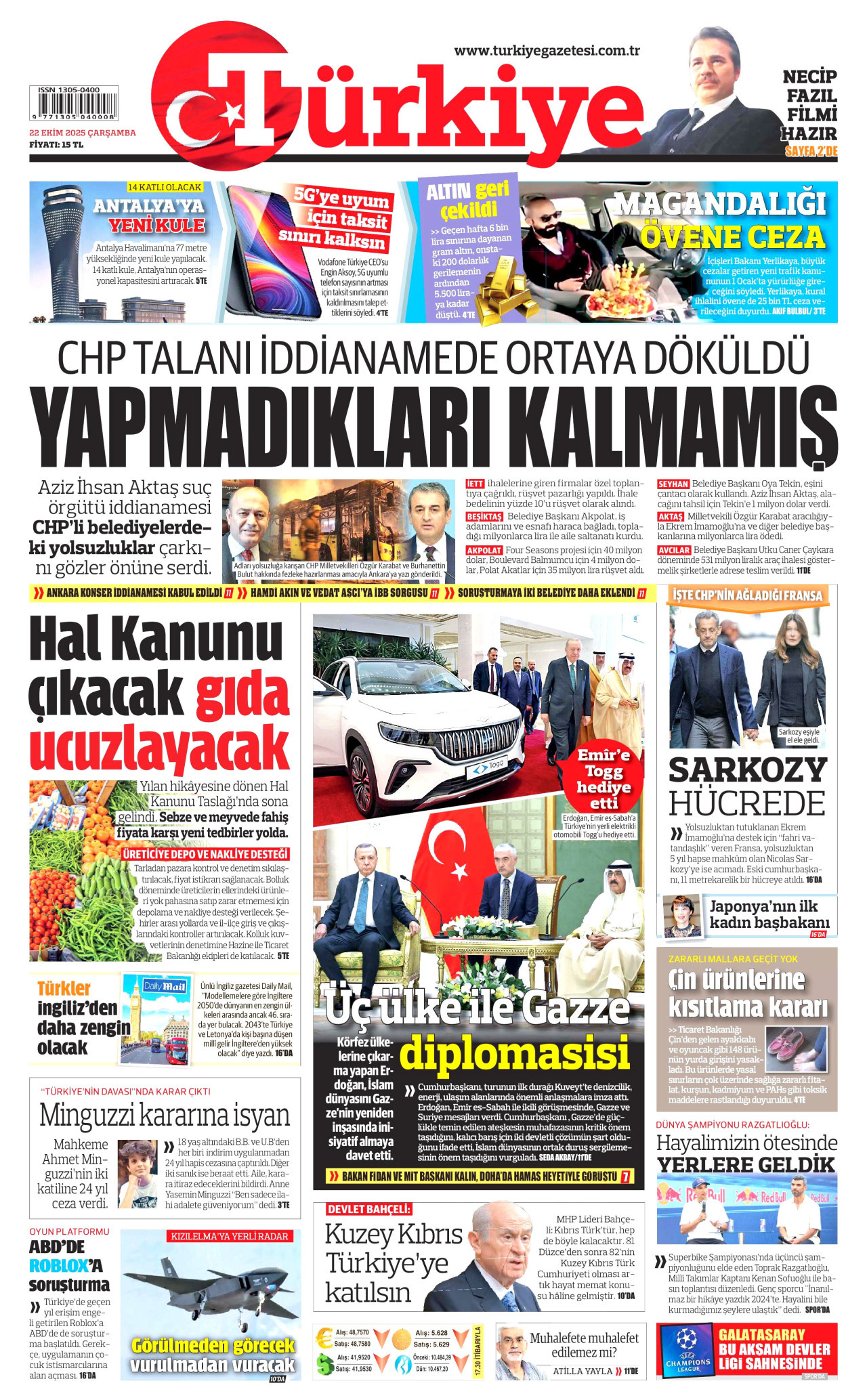 TÜRKİYE GAZETESİ gazetesinin 22 Ekim 2025 tarihli birinci sayfası