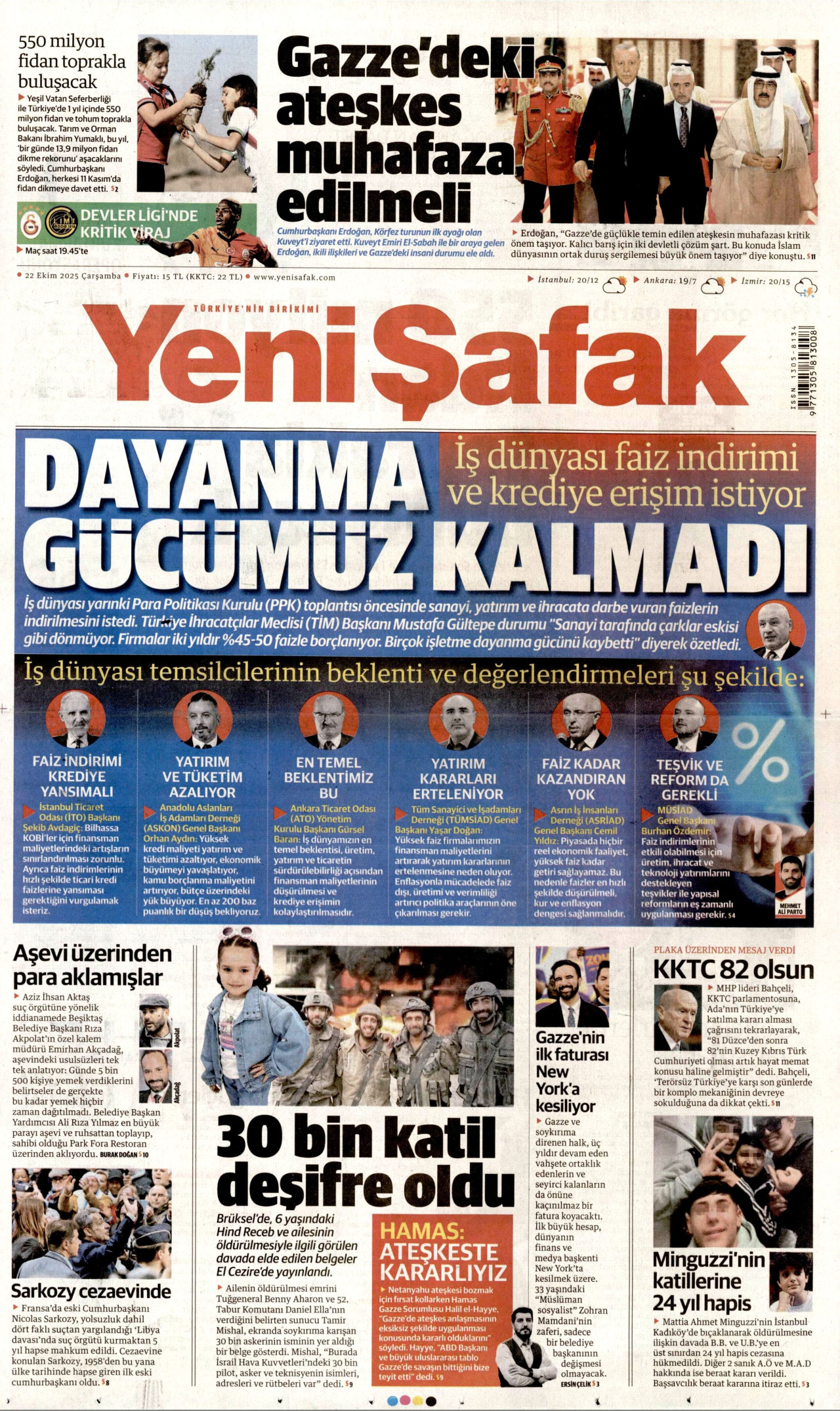 YENİ ŞAFAK gazetesinin 22 Ekim 2025 tarihli birinci sayfası