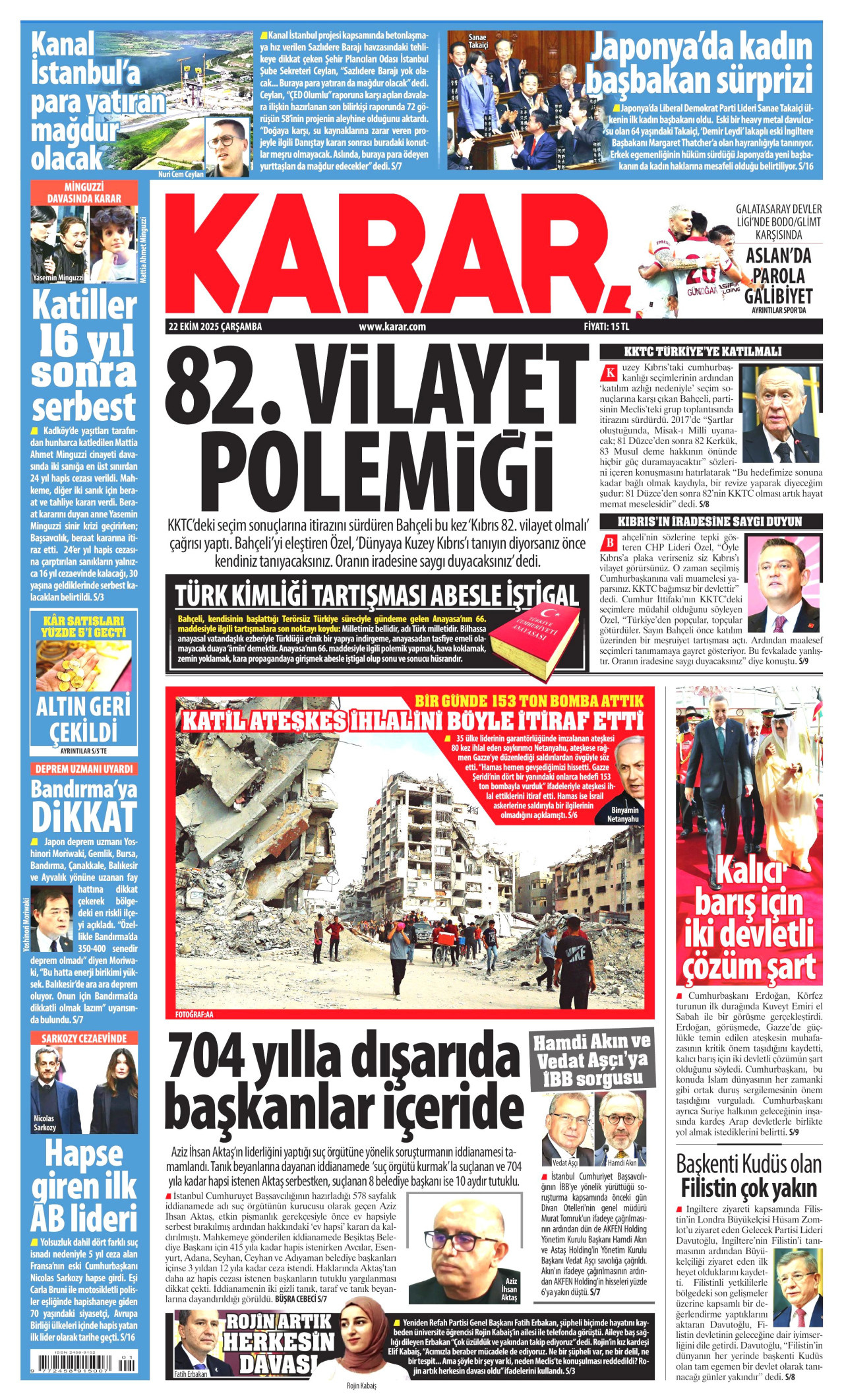 KARAR gazetesinin 22 Ekim 2025 tarihli birinci sayfası
