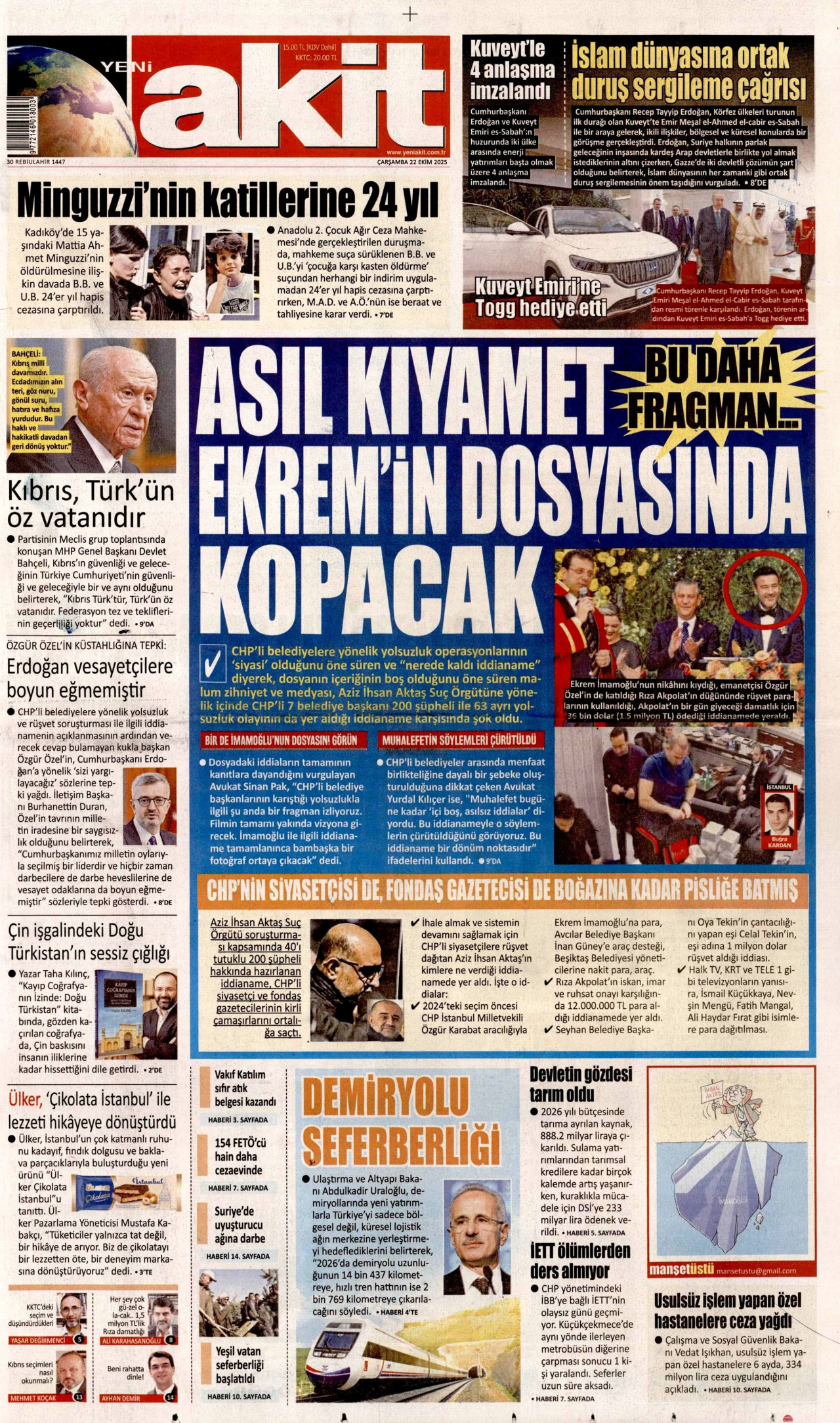 YENİ AKİT gazetesinin 22 Ekim 2025 tarihli birinci sayfası