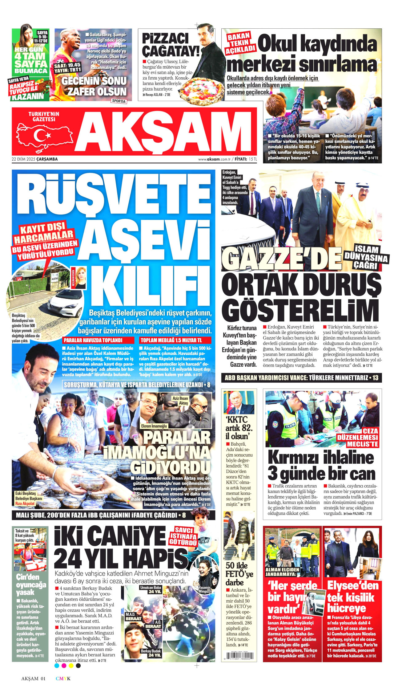 AKŞAM gazetesinin 22 Ekim 2025 tarihli birinci sayfası