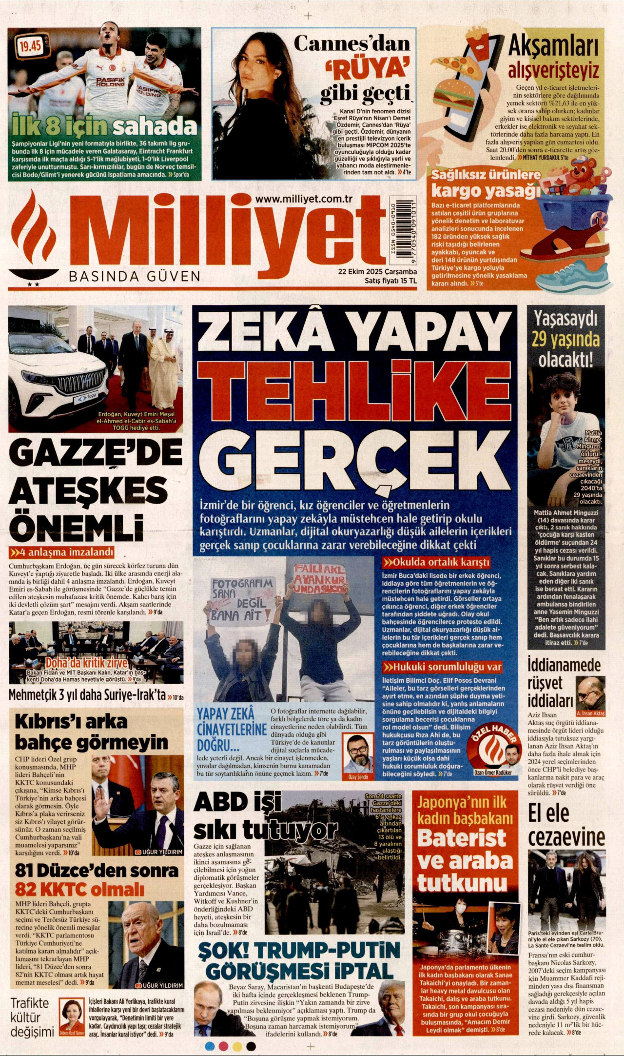 MİLLİYET gazetesinin 22 Ekim 2025 tarihli birinci sayfası