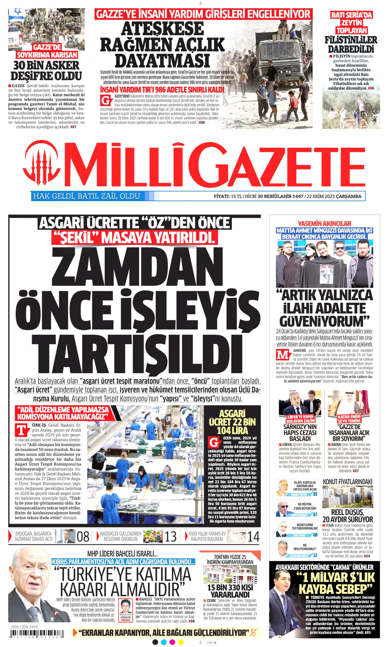 MİLLİ GAZETE gazetesinin 22 Ekim 2025 tarihli birinci sayfası