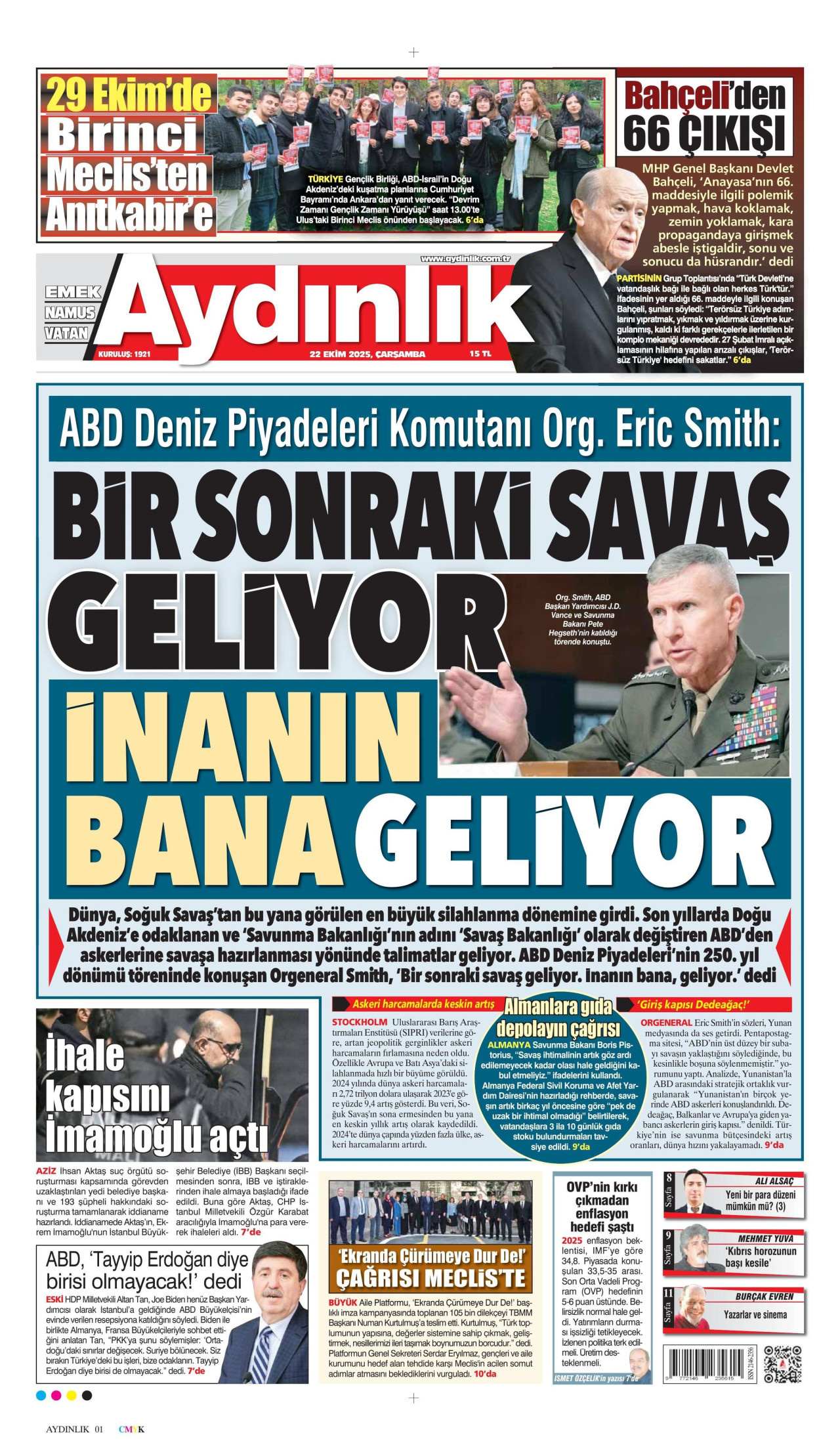 AYDINLIK GAZETESİ gazetesinin 22 Ekim 2025 tarihli birinci sayfası