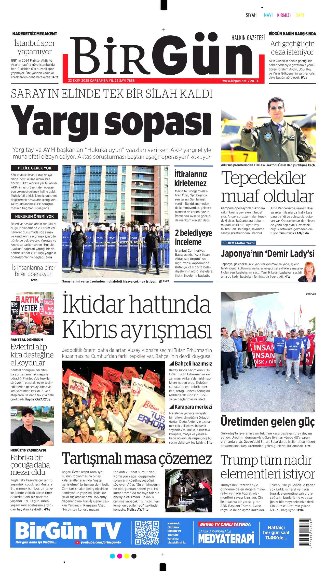 BİRGÜN gazetesinin 22 Ekim 2025 tarihli birinci sayfası