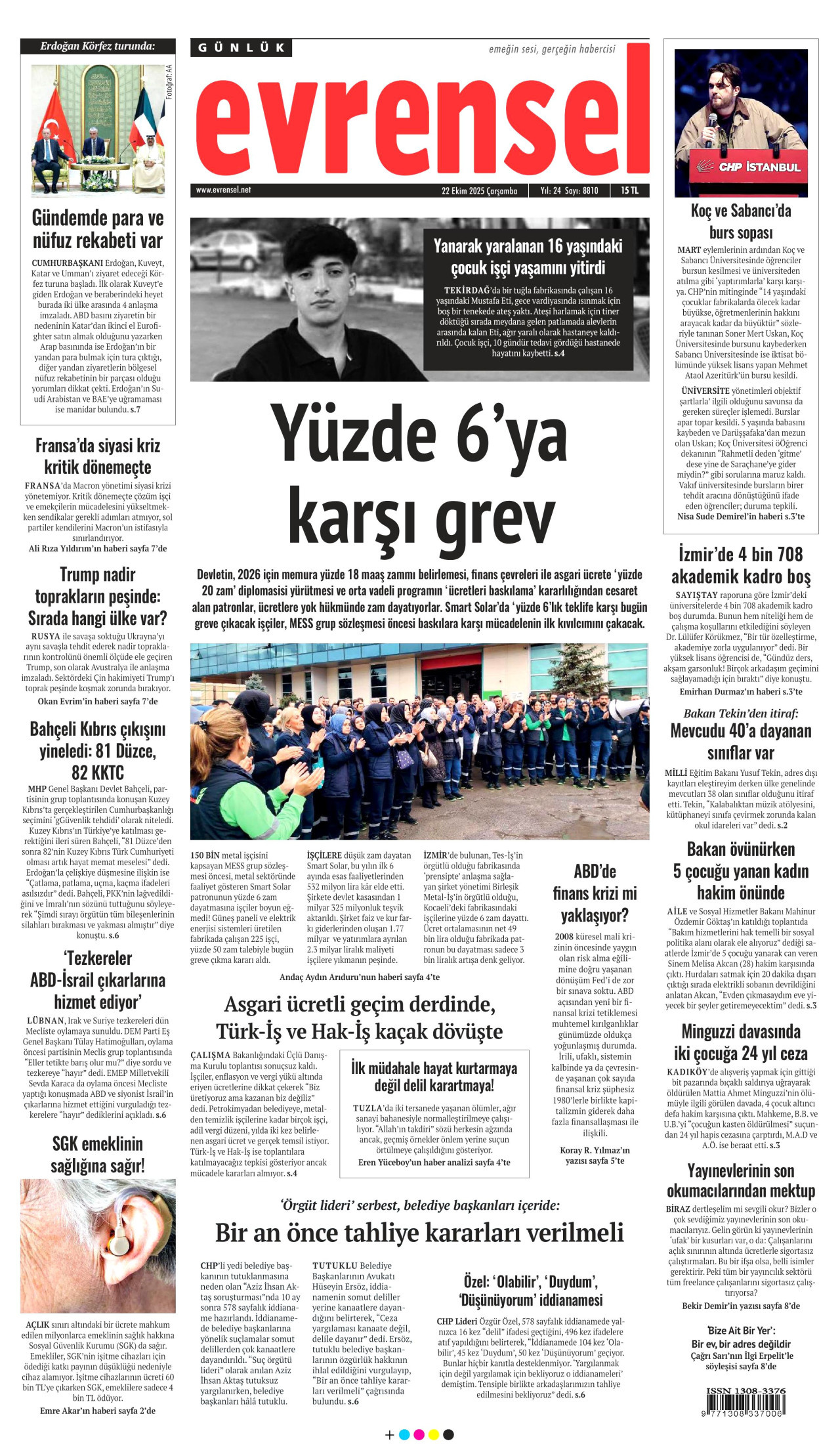 EVRENSEL gazetesinin 22 Ekim 2025 tarihli birinci sayfası
