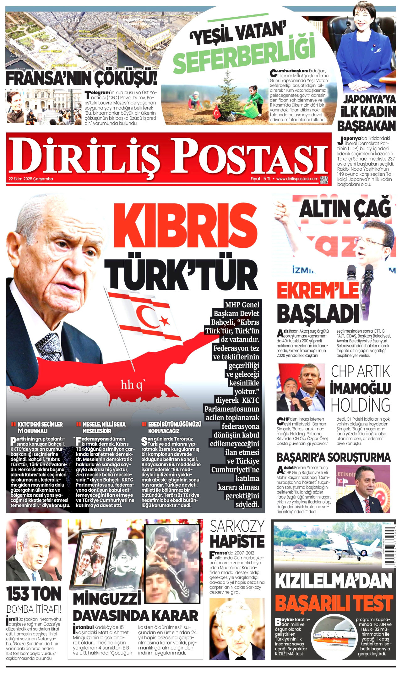 DİRİLİŞ POSTASI gazetesinin 22 Ekim 2025 tarihli birinci sayfası