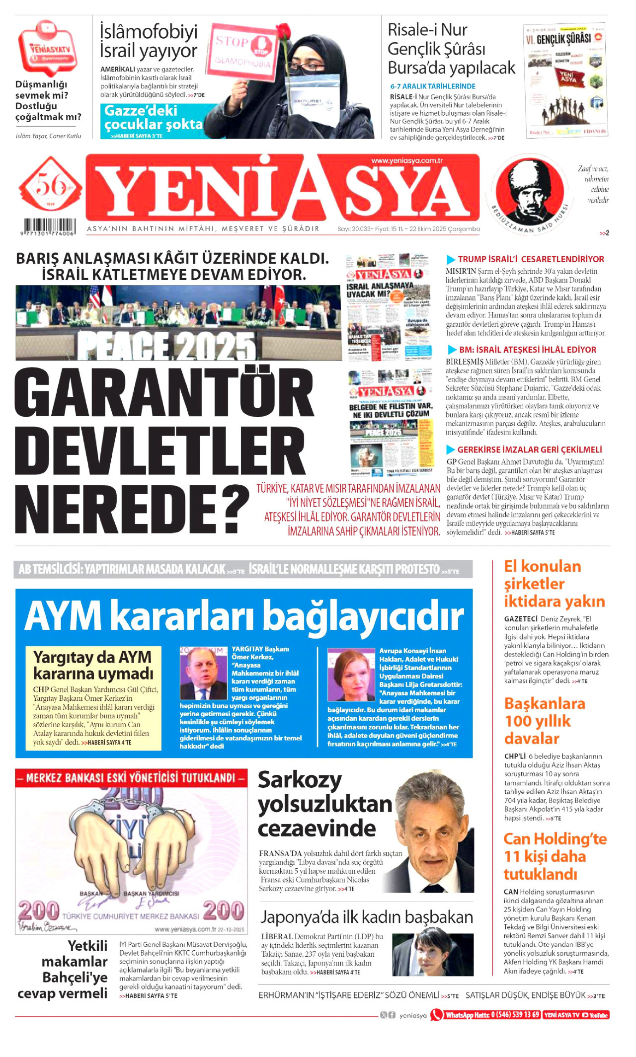YENİ ASYA gazetesinin 22 Ekim 2025 tarihli birinci sayfası