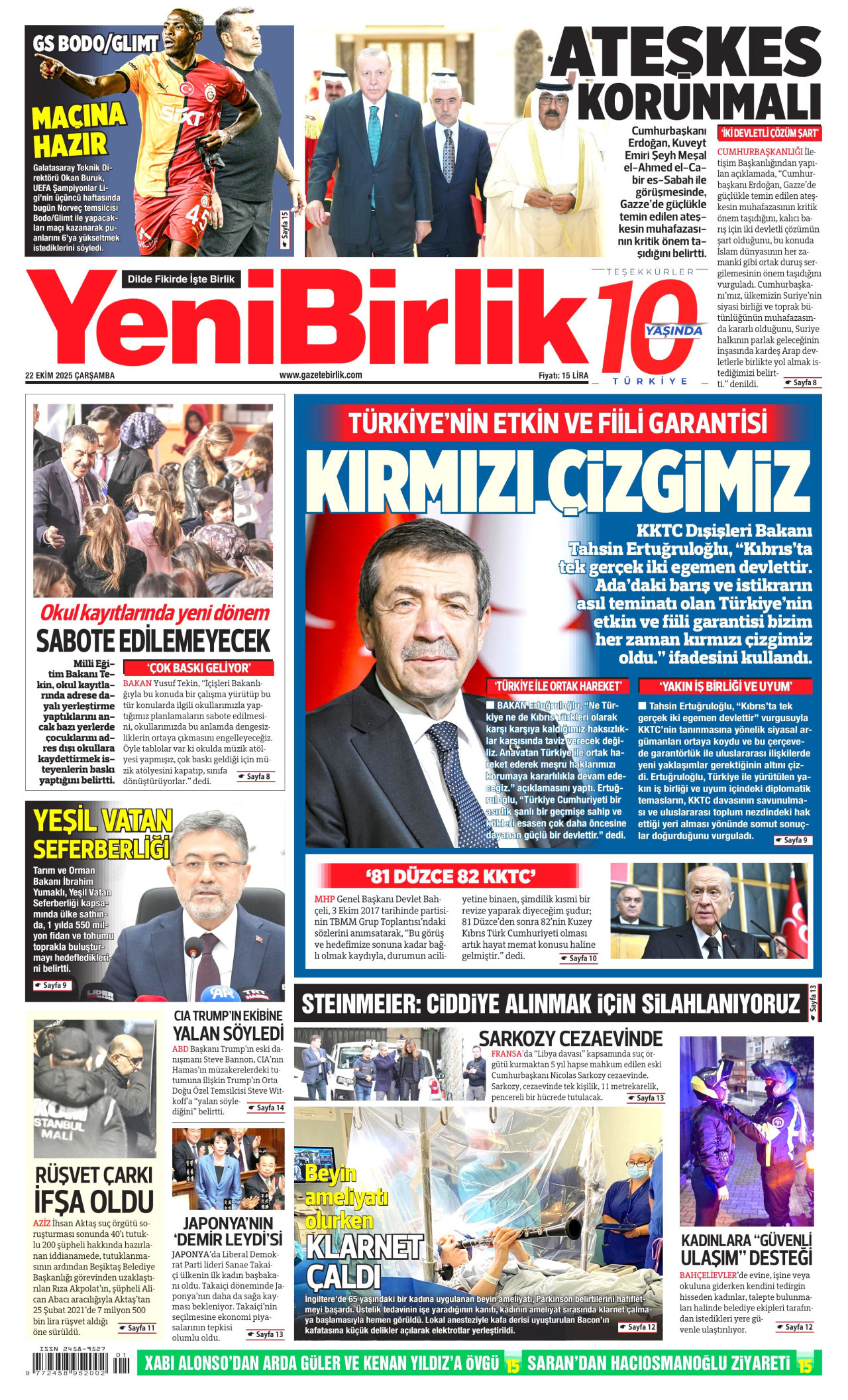 YENİBİRLİK gazetesinin 22 Ekim 2025 tarihli birinci sayfası