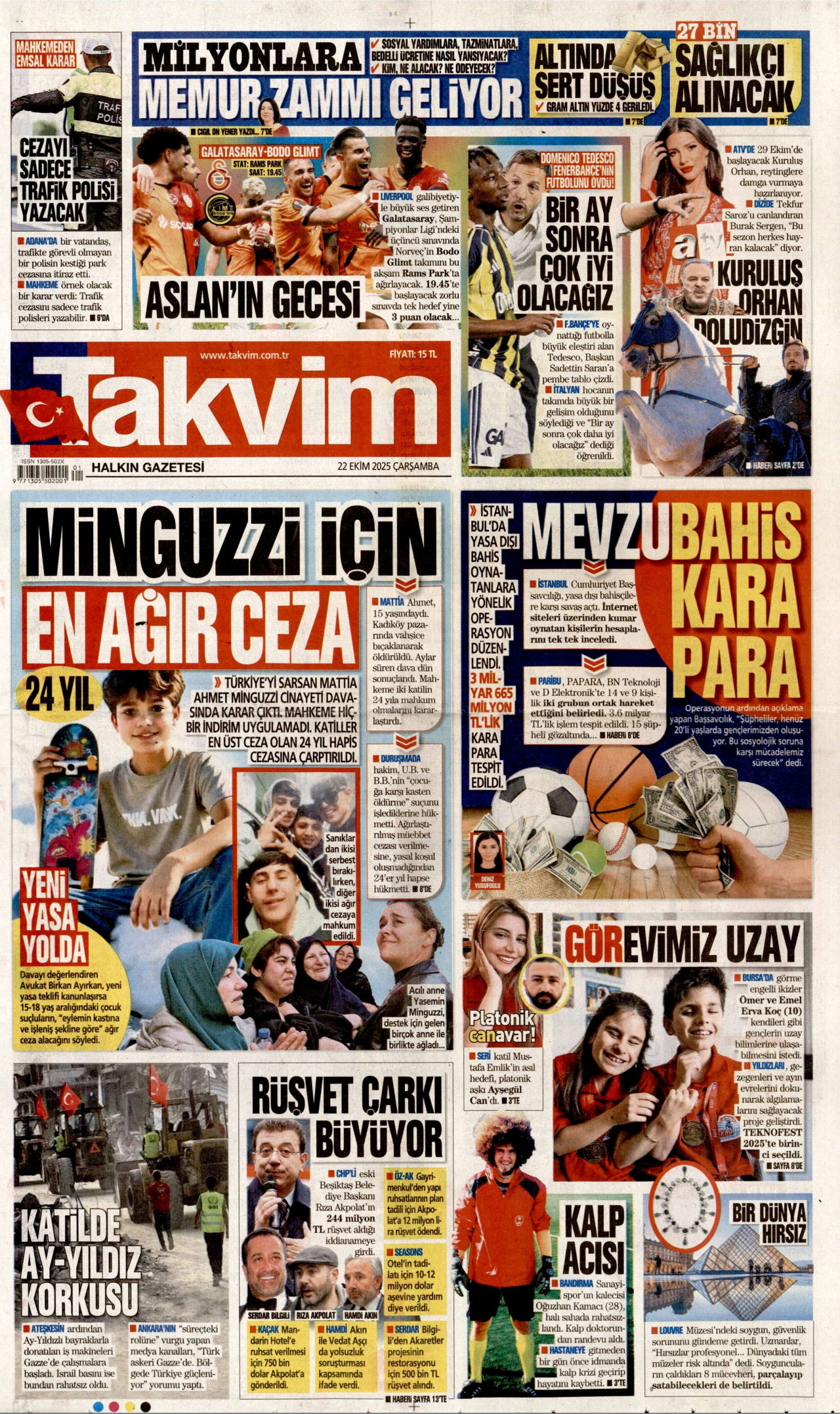 TAKVİM gazetesinin 22 Ekim 2025 tarihli birinci sayfası