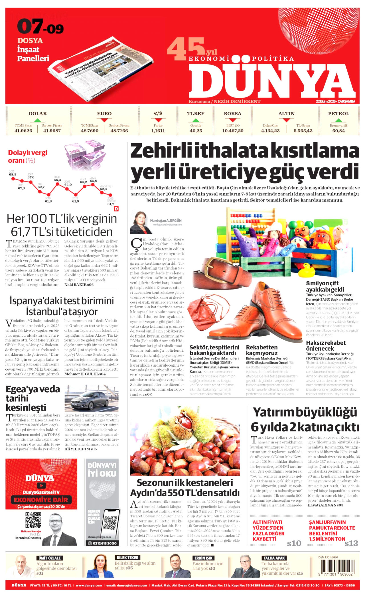 DÜNYA gazetesinin 22 Ekim 2025 tarihli birinci sayfası
