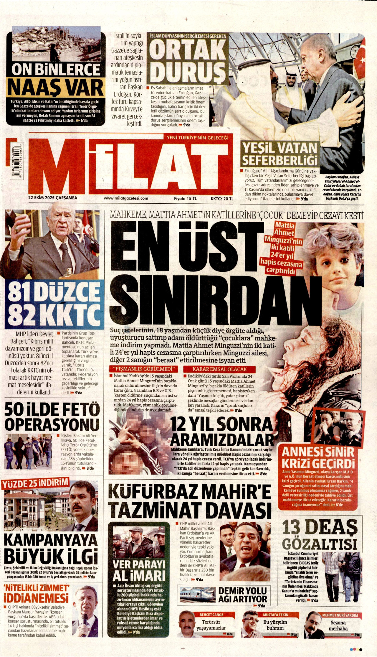 MİLAT gazetesinin 22 Ekim 2025 tarihli birinci sayfası