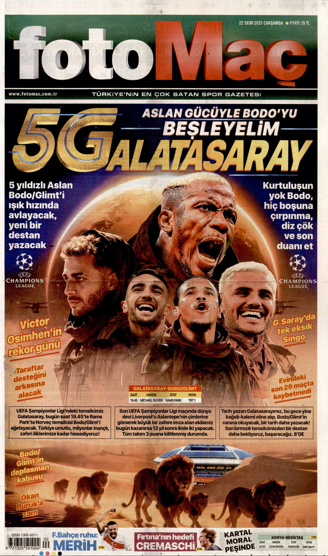 FOTOMAÇ gazetesinin 22 Ekim 2025 tarihli birinci sayfası