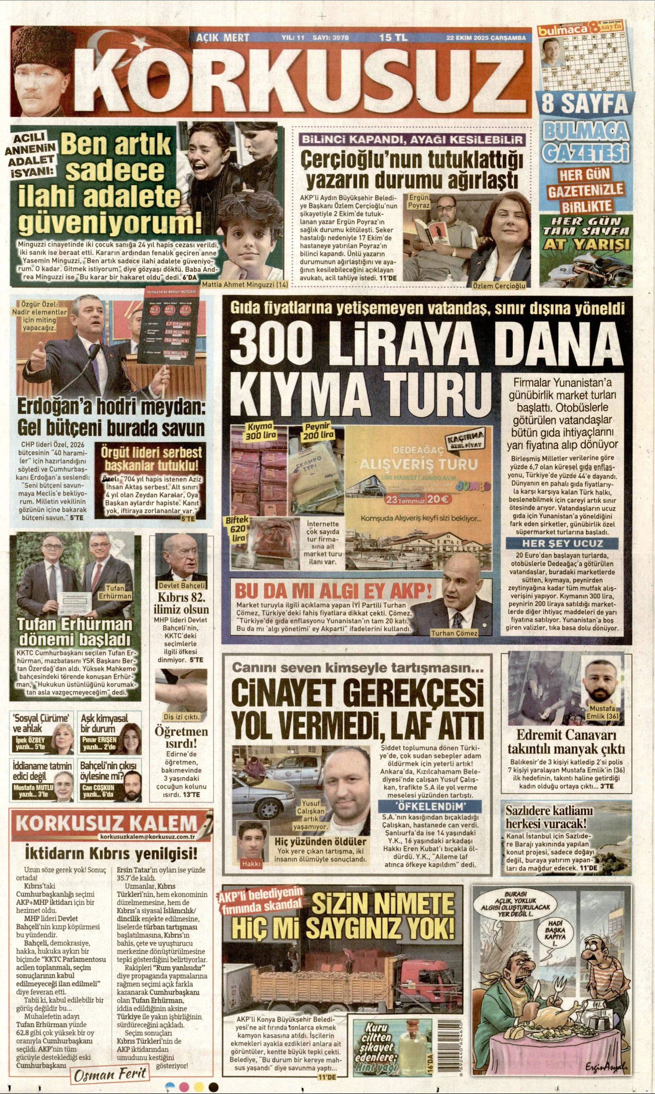 KORKUSUZ gazetesinin 22 Ekim 2025 tarihli birinci sayfası