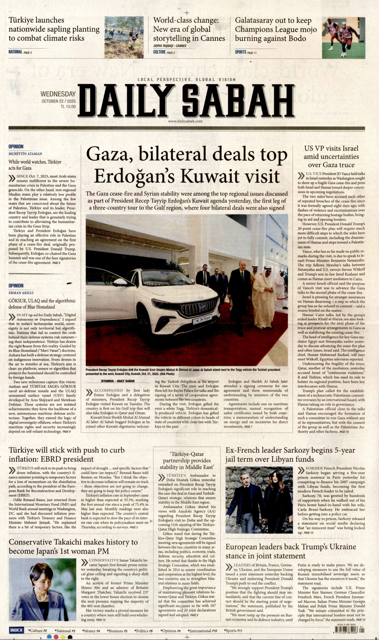 DAİLY SABAH gazetesinin 22 Ekim 2025 tarihli birinci sayfası