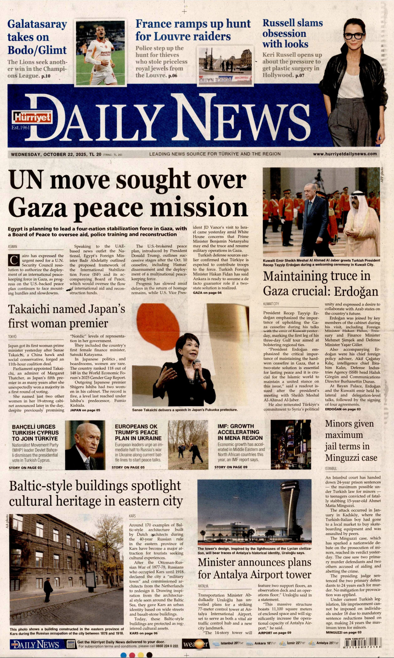 HÜRRİYET DAİLY NEWS gazetesinin 22 Ekim 2025 tarihli birinci sayfası