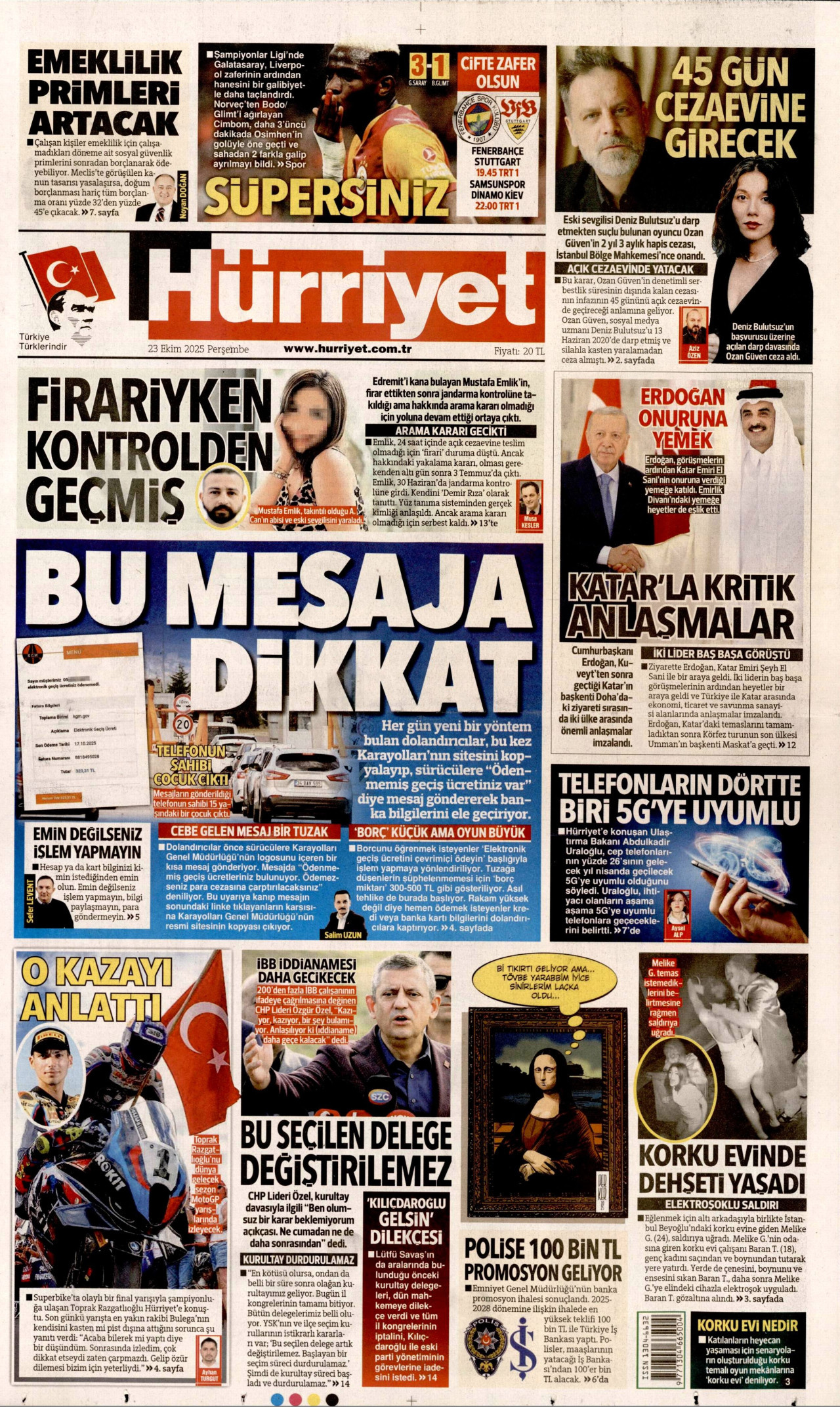 HÜRRİYET gazetesinin 23 Ekim 2025 tarihli birinci sayfası