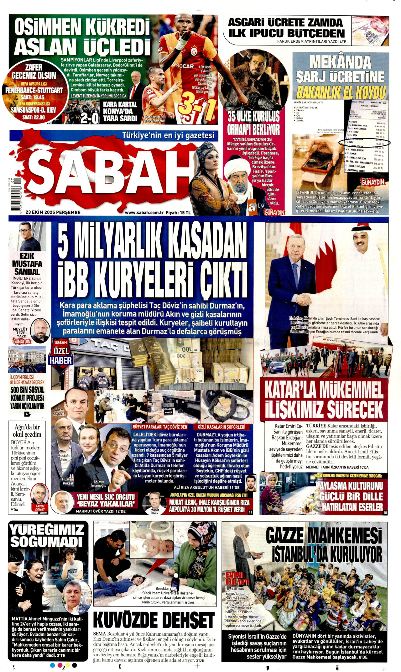SABAH gazetesinin 23 Ekim 2025 tarihli birinci sayfası