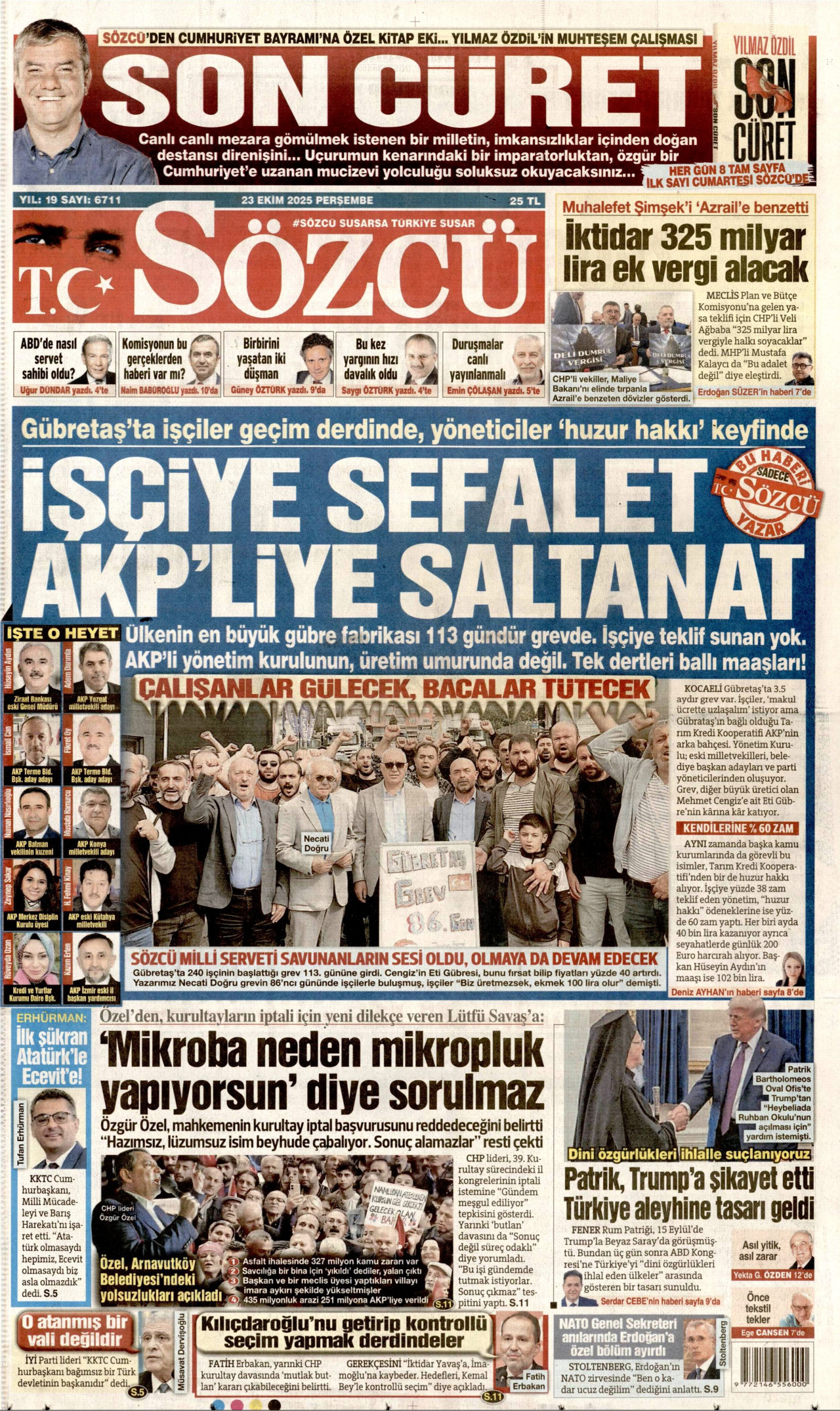 SÖZCÜ gazetesinin 23 Ekim 2025 tarihli birinci sayfası