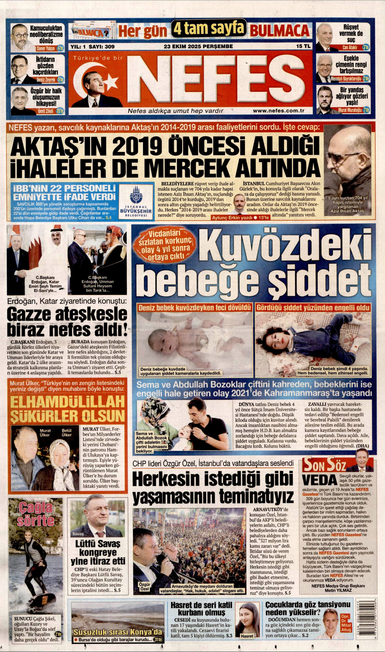 NEFES gazetesinin 23 Ekim 2025 tarihli birinci sayfası