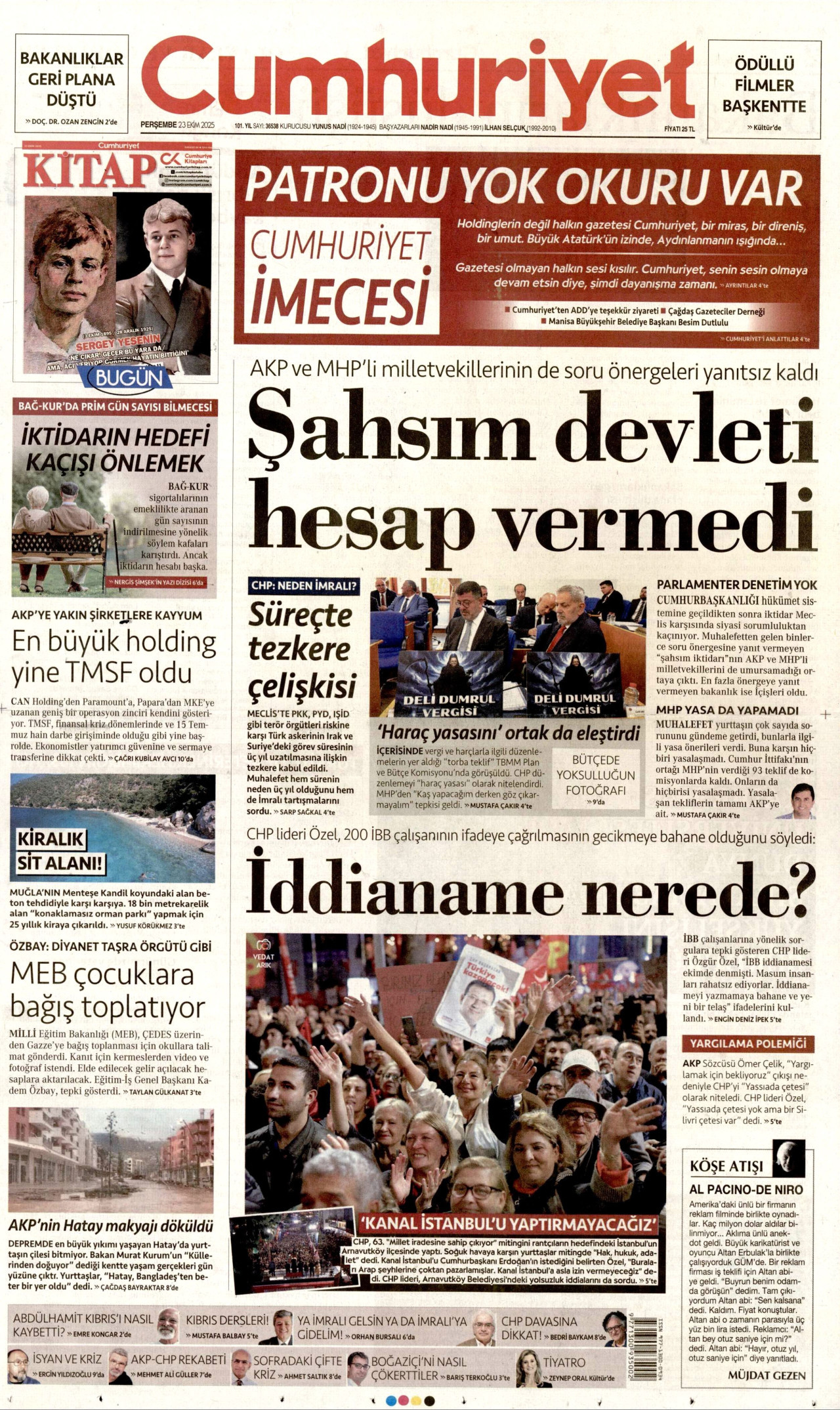 CUMHURİYET gazetesinin 23 Ekim 2025 tarihli birinci sayfası