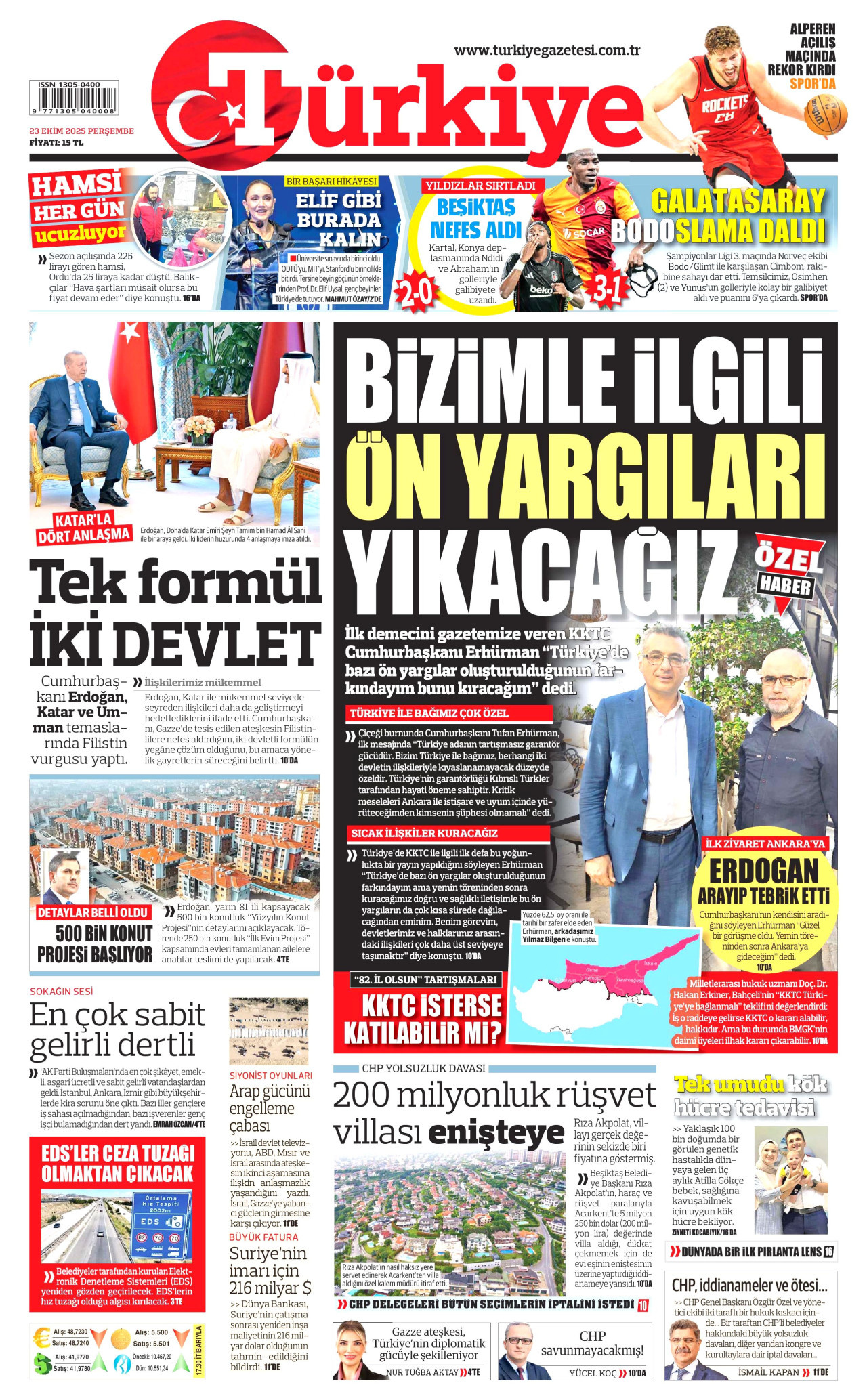 TÜRKİYE GAZETESİ gazetesinin 23 Ekim 2025 tarihli birinci sayfası