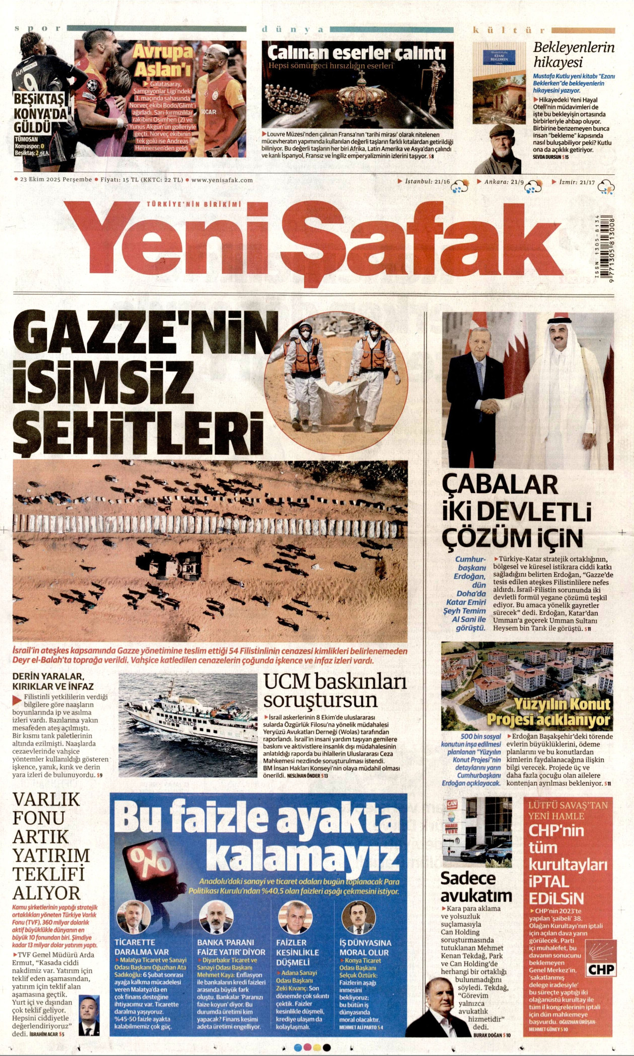 YENİ ŞAFAK gazetesinin 23 Ekim 2025 tarihli birinci sayfası