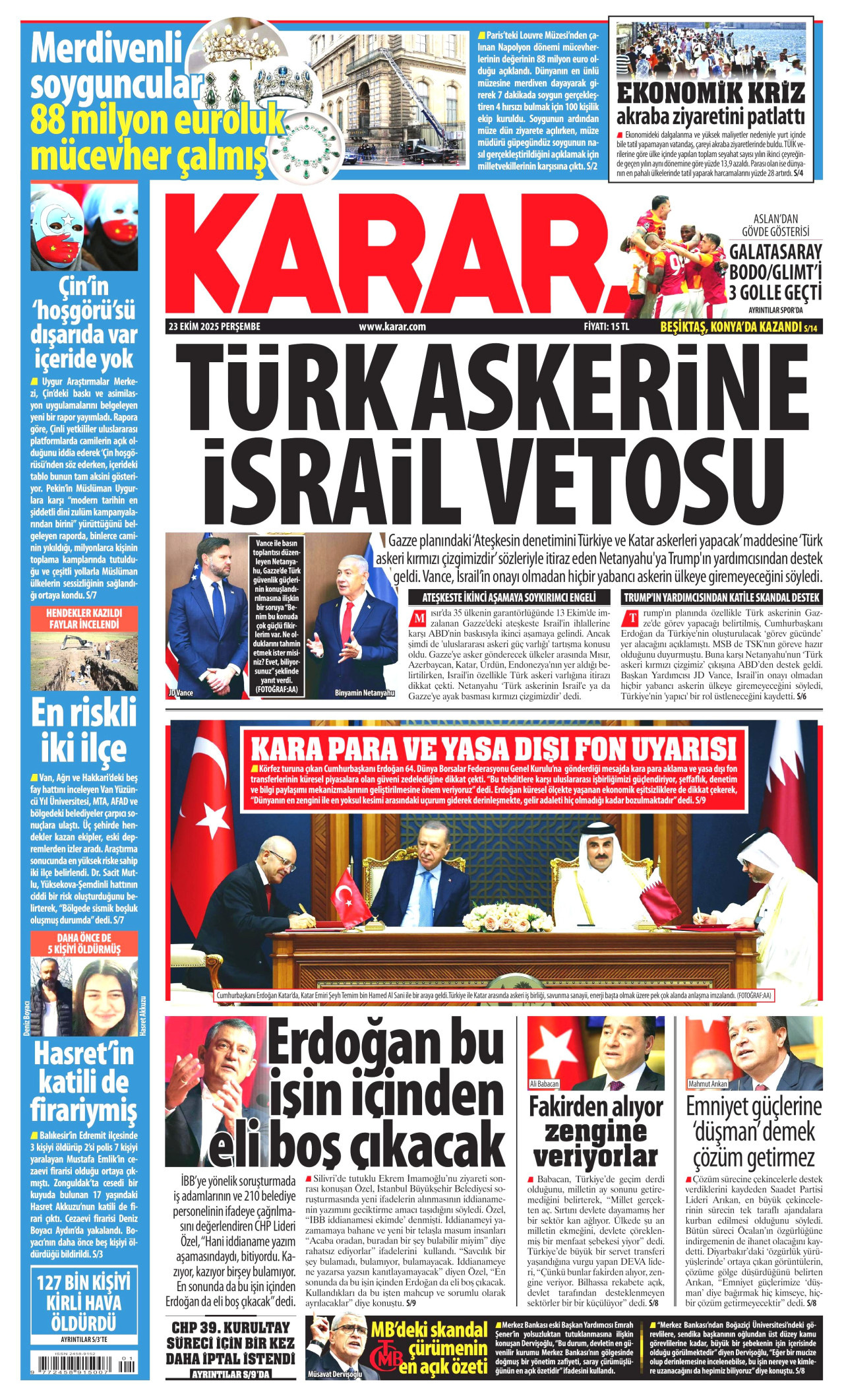 KARAR gazetesinin 23 Ekim 2025 tarihli birinci sayfası