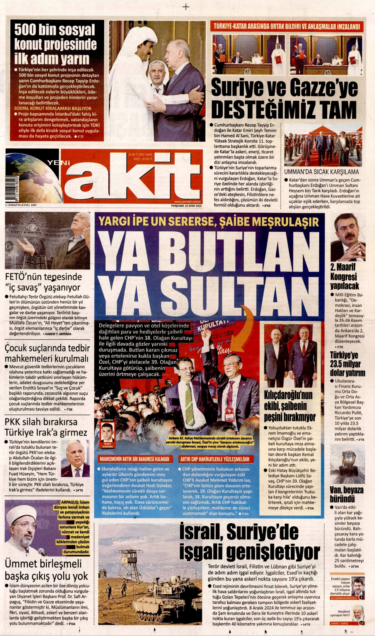YENİ AKİT gazetesinin 23 Ekim 2025 tarihli birinci sayfası