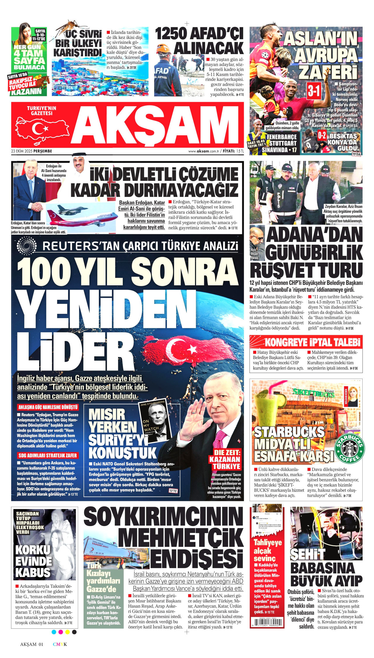 AKŞAM gazetesinin 23 Ekim 2025 tarihli birinci sayfası