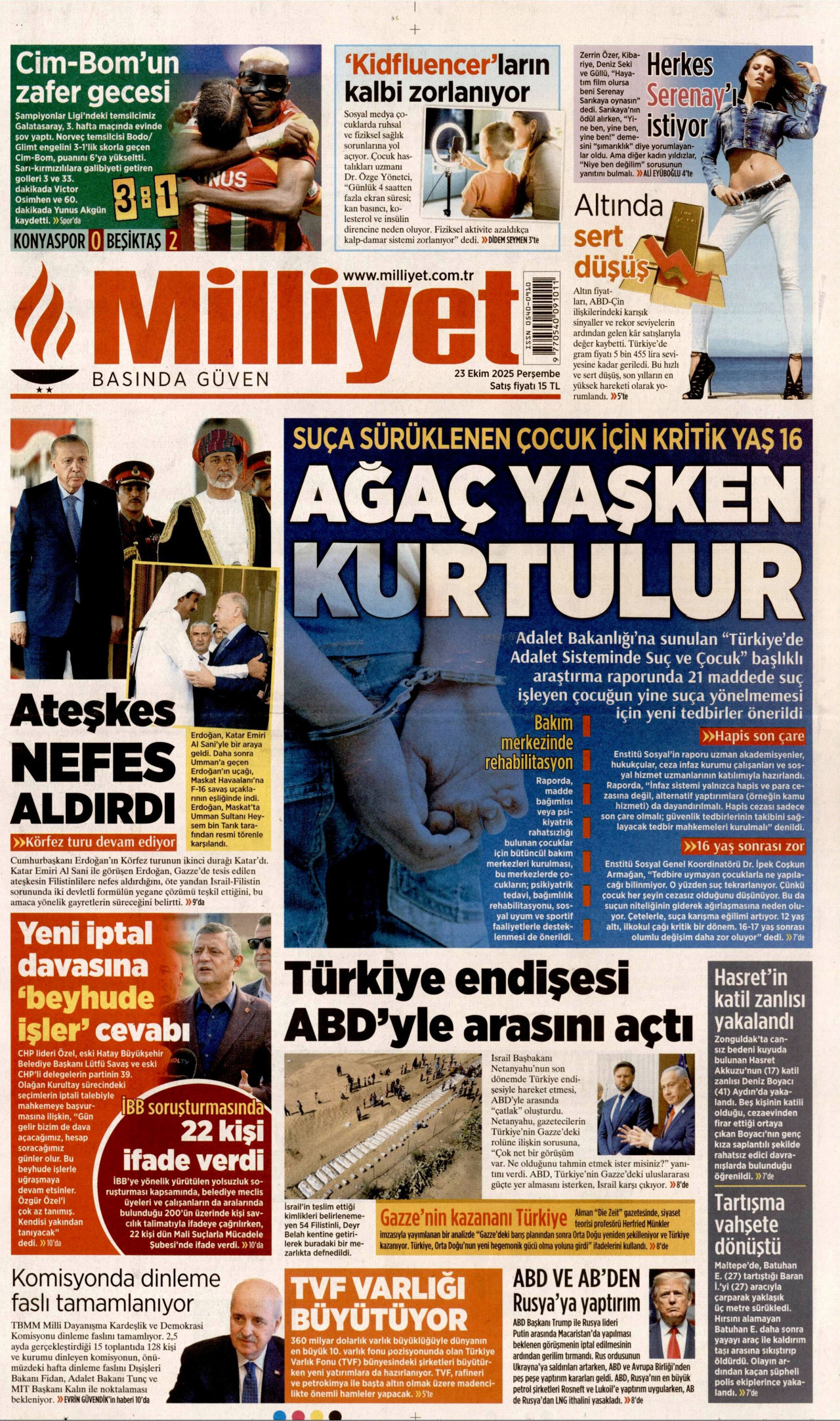 MİLLİYET gazetesinin 23 Ekim 2025 tarihli birinci sayfası