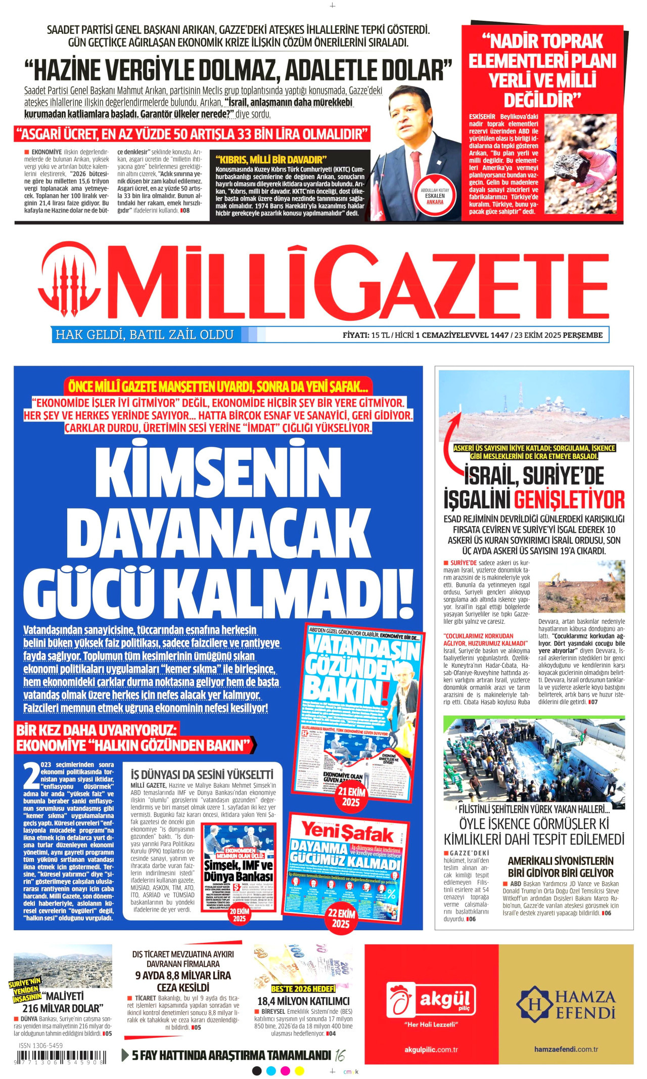 MİLLİ GAZETE gazetesinin 23 Ekim 2025 tarihli birinci sayfası