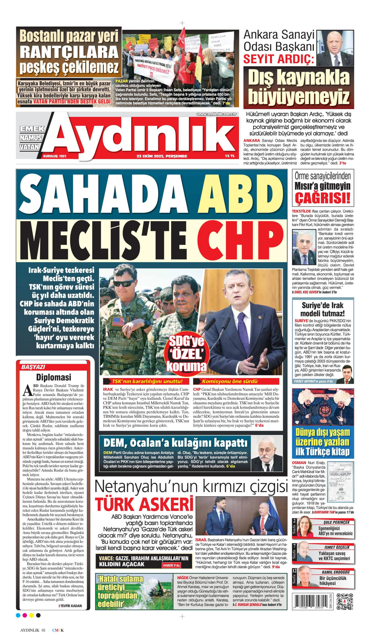AYDINLIK GAZETESİ gazetesinin 23 Ekim 2025 tarihli birinci sayfası