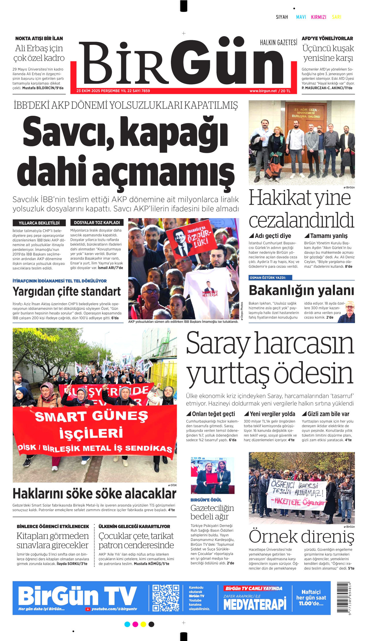 BİRGÜN gazetesinin 23 Ekim 2025 tarihli birinci sayfası