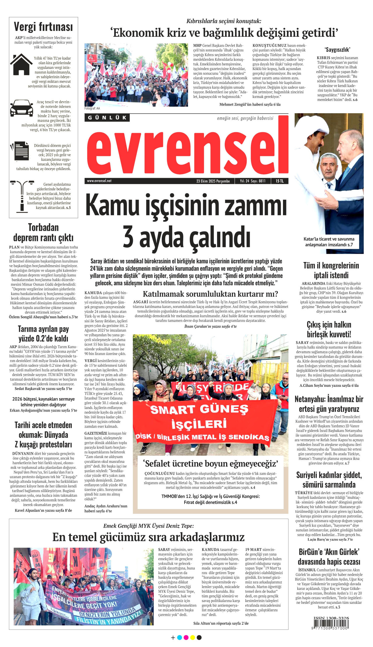 EVRENSEL gazetesinin 23 Ekim 2025 tarihli birinci sayfası