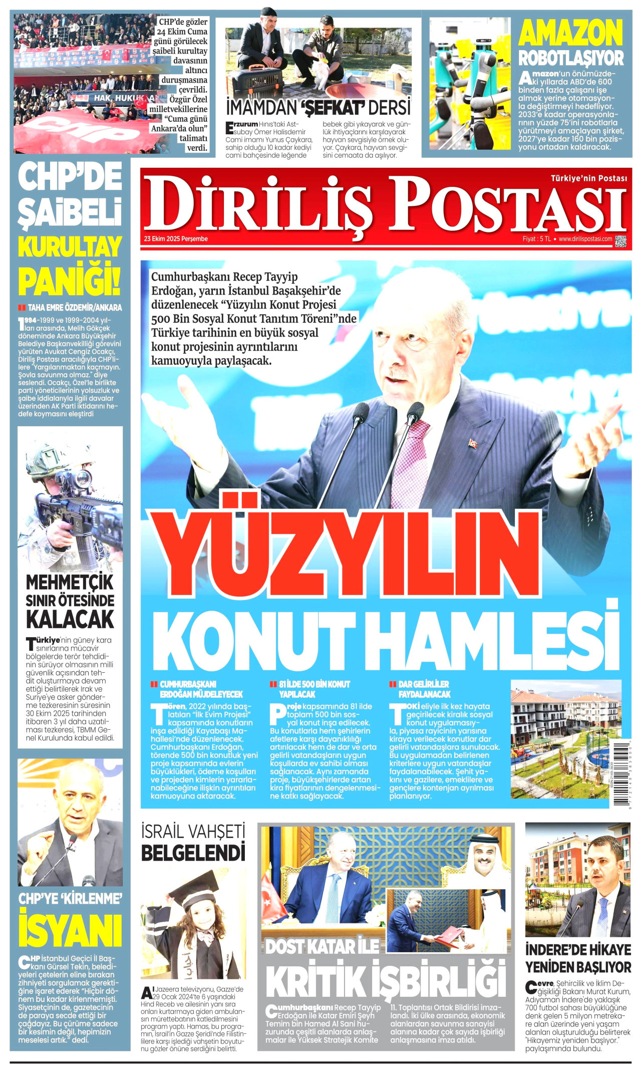 DİRİLİŞ POSTASI gazetesinin 23 Ekim 2025 tarihli birinci sayfası