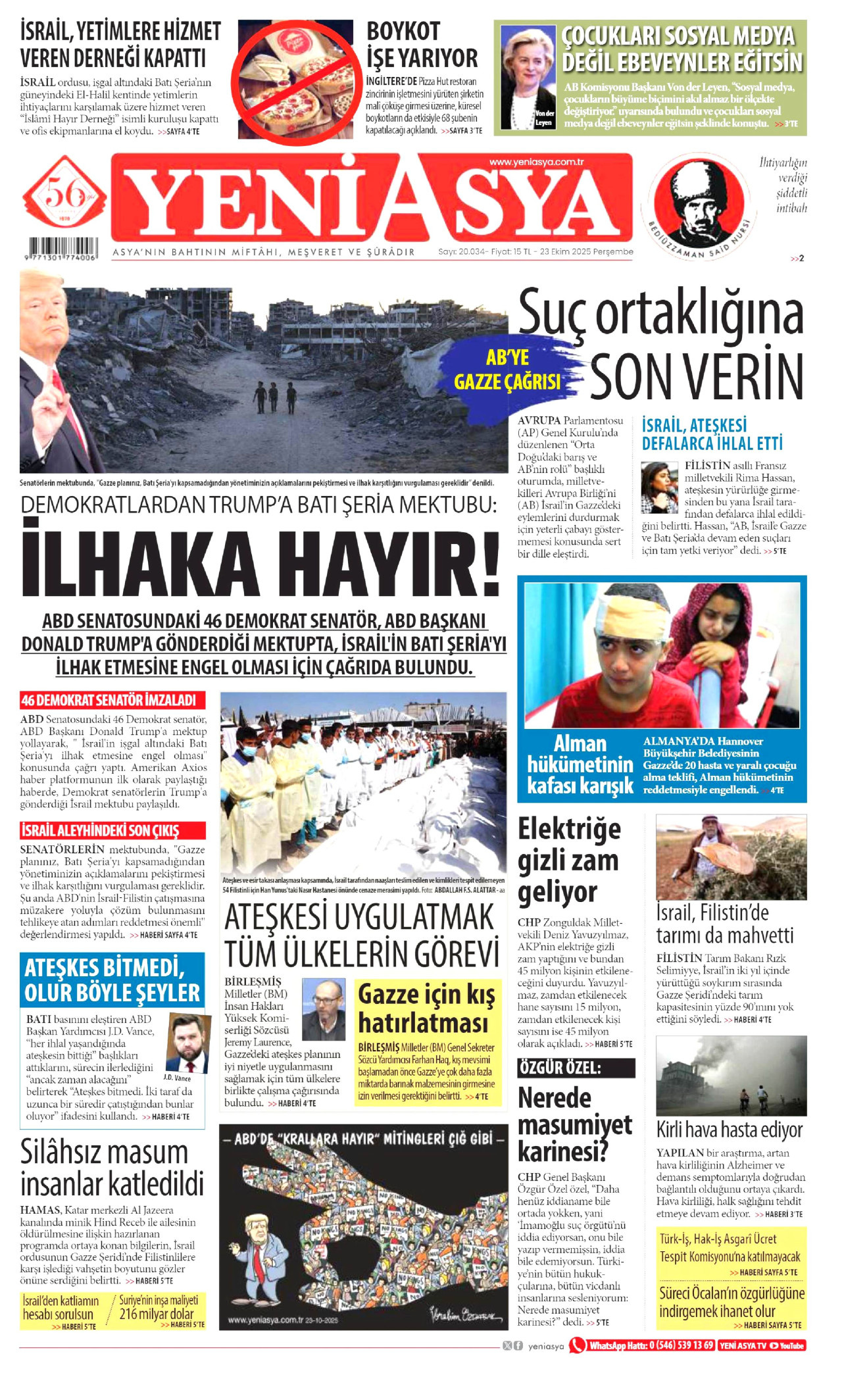 YENİ ASYA gazetesinin 23 Ekim 2025 tarihli birinci sayfası