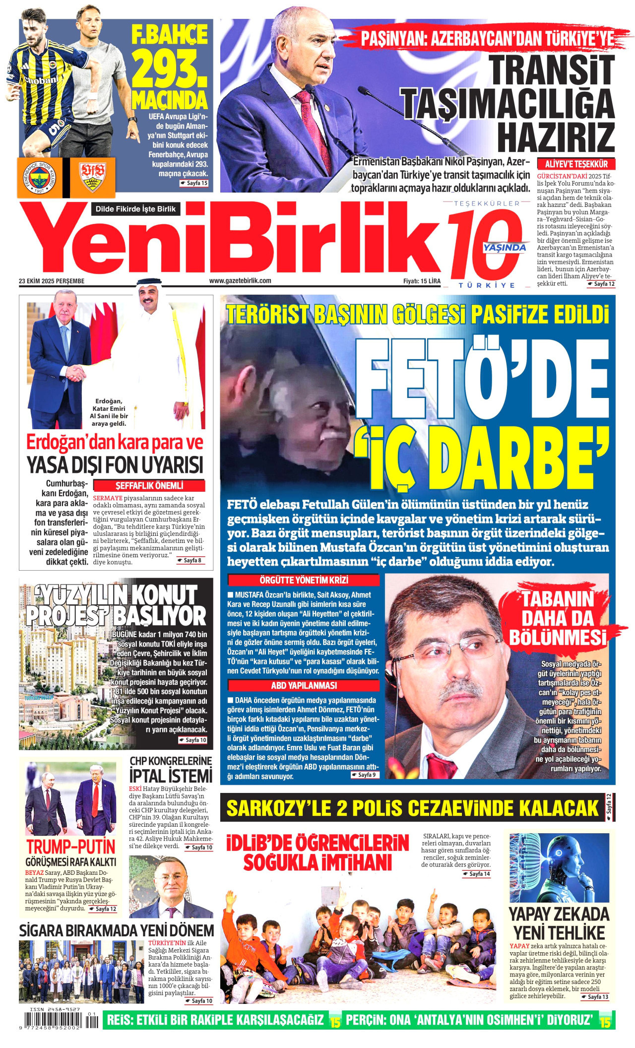 YENİBİRLİK gazetesinin 23 Ekim 2025 tarihli birinci sayfası