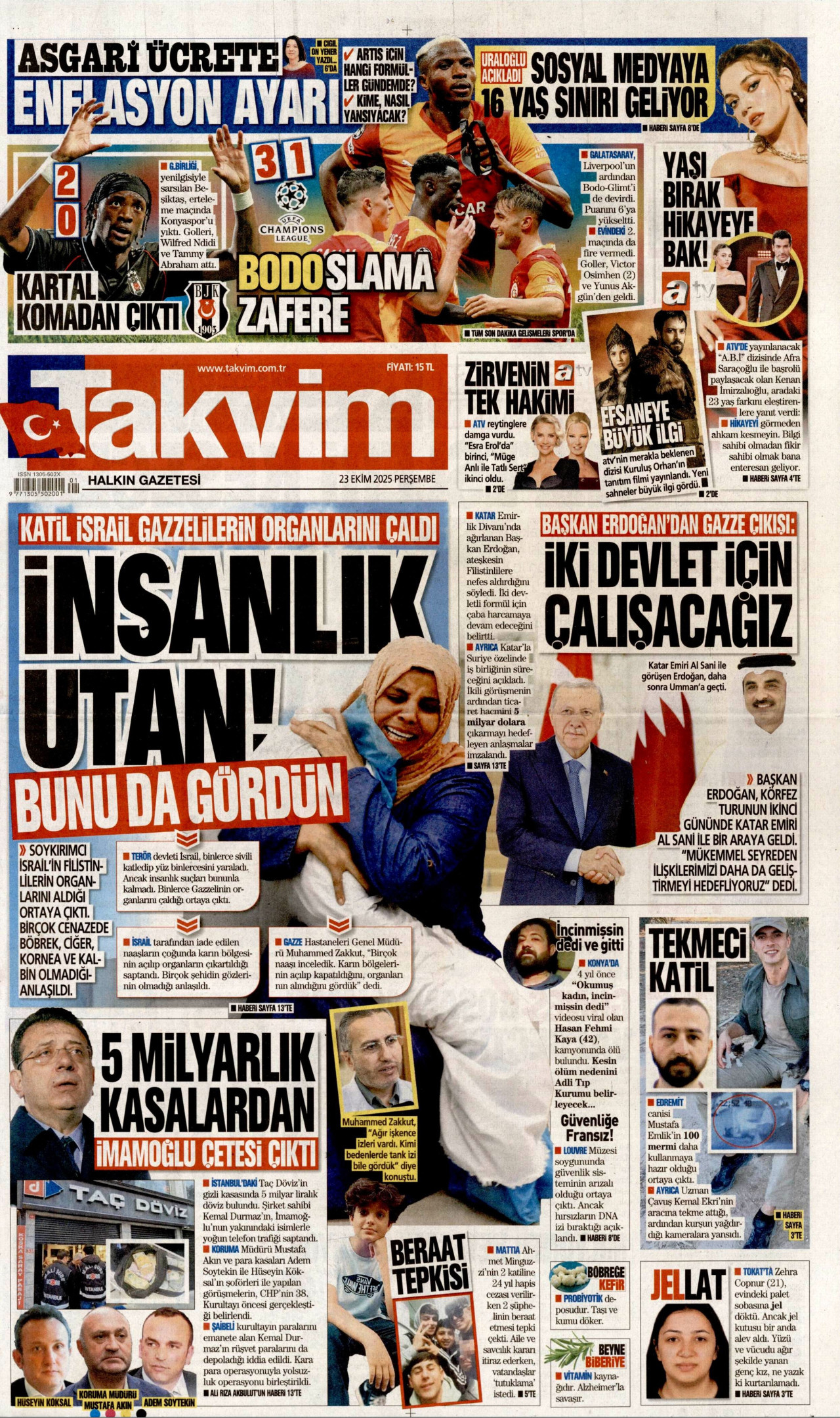 TAKVİM gazetesinin 23 Ekim 2025 tarihli birinci sayfası