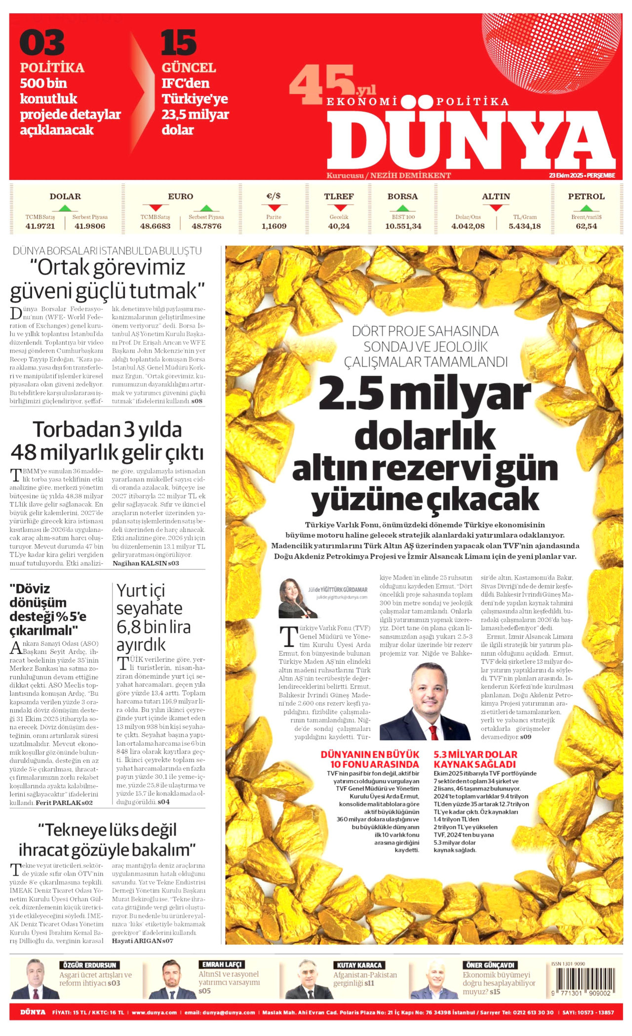DÜNYA gazetesinin 23 Ekim 2025 tarihli birinci sayfası