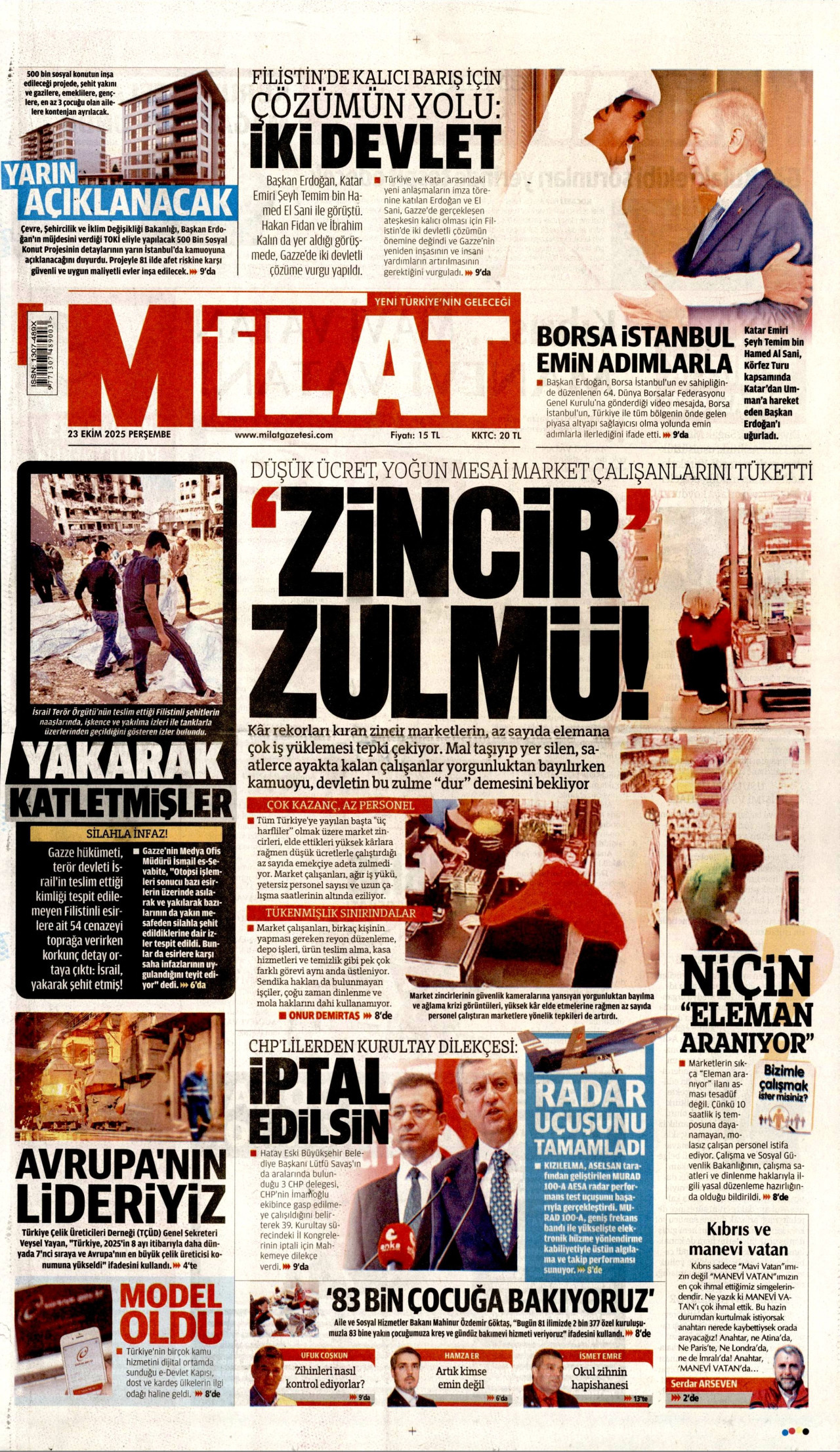 MİLAT gazetesinin 23 Ekim 2025 tarihli birinci sayfası