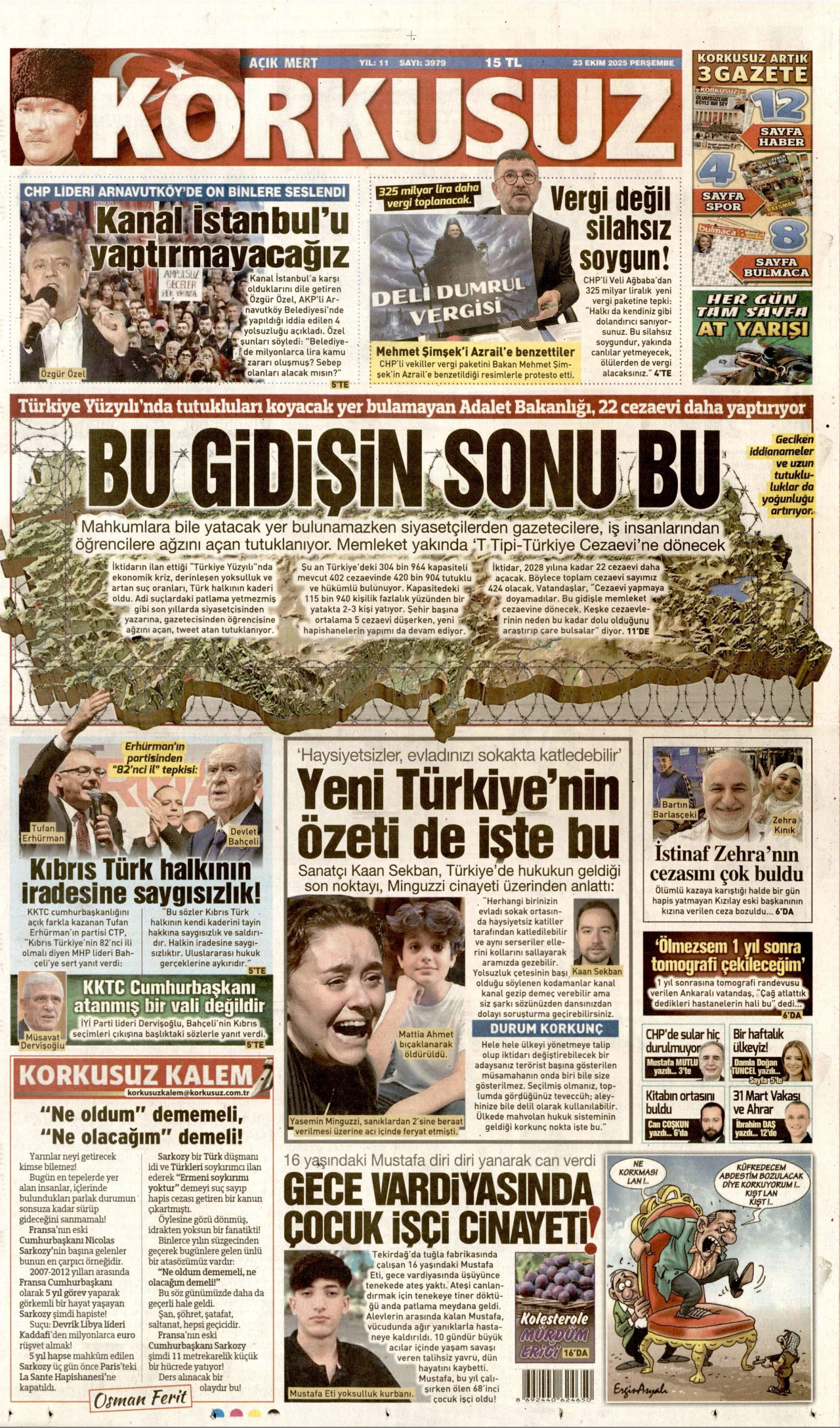 KORKUSUZ gazetesinin 23 Ekim 2025 tarihli birinci sayfası