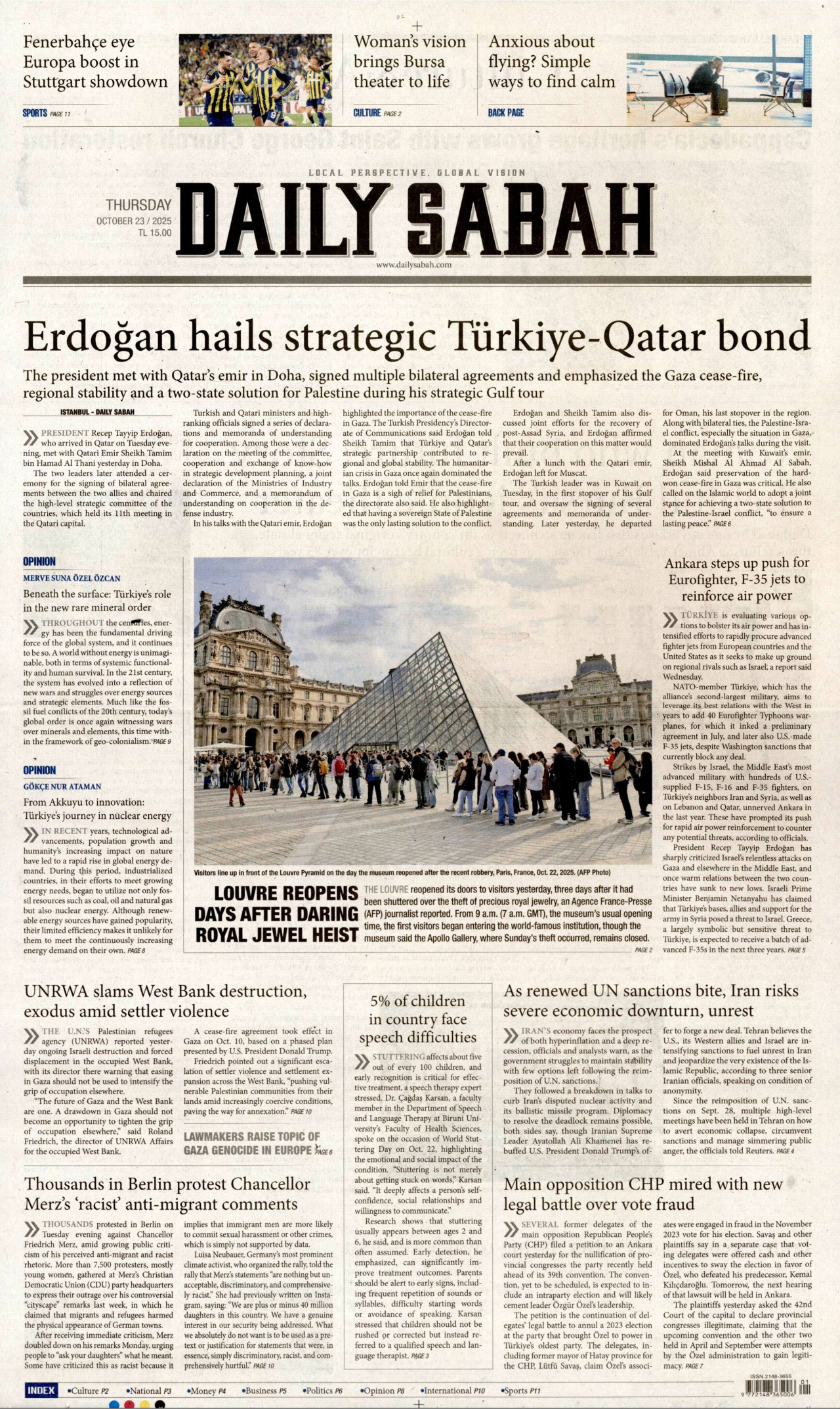 DAİLY SABAH gazetesinin 23 Ekim 2025 tarihli birinci sayfası