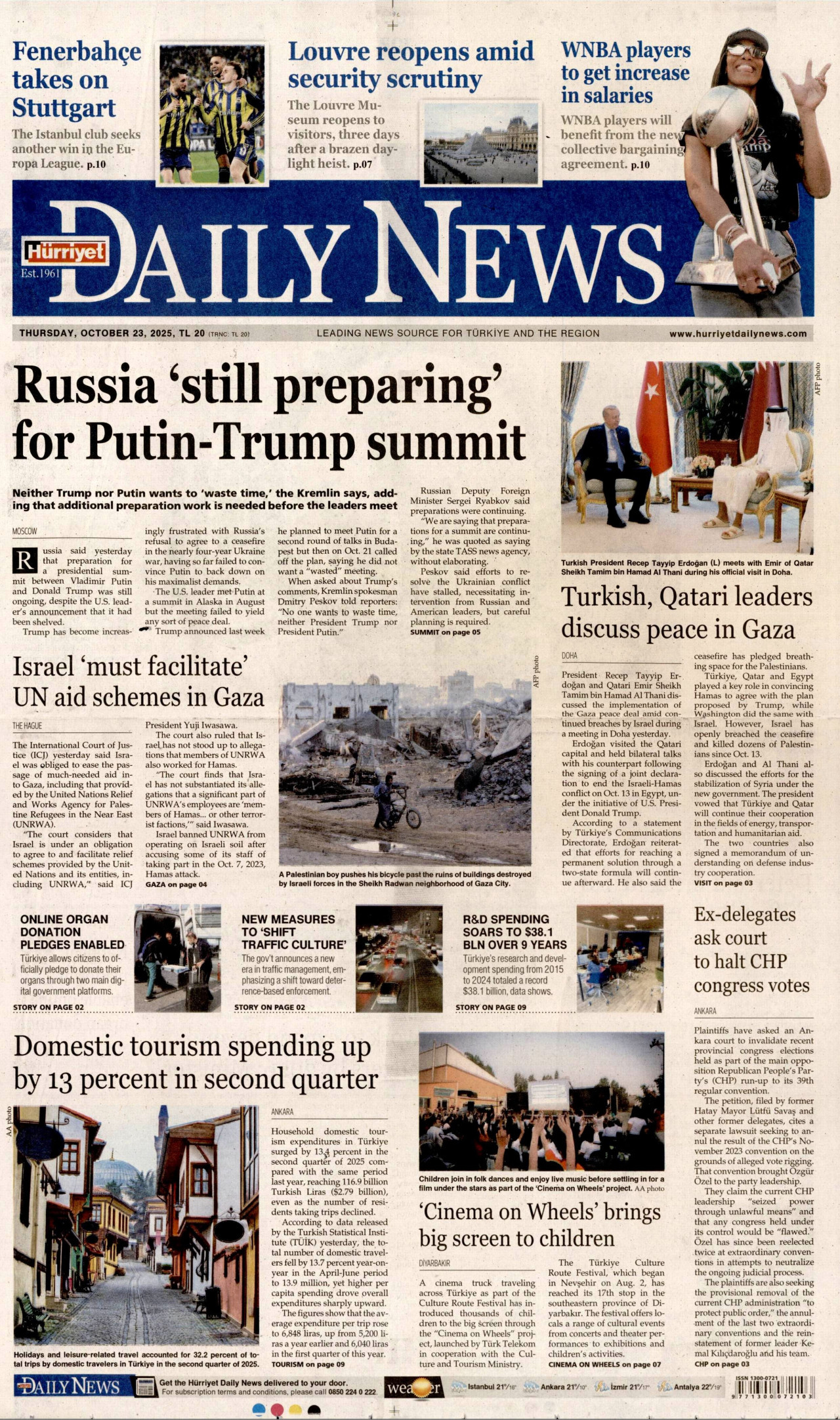 HÜRRİYET DAİLY NEWS gazetesinin 23 Ekim 2025 tarihli birinci sayfası