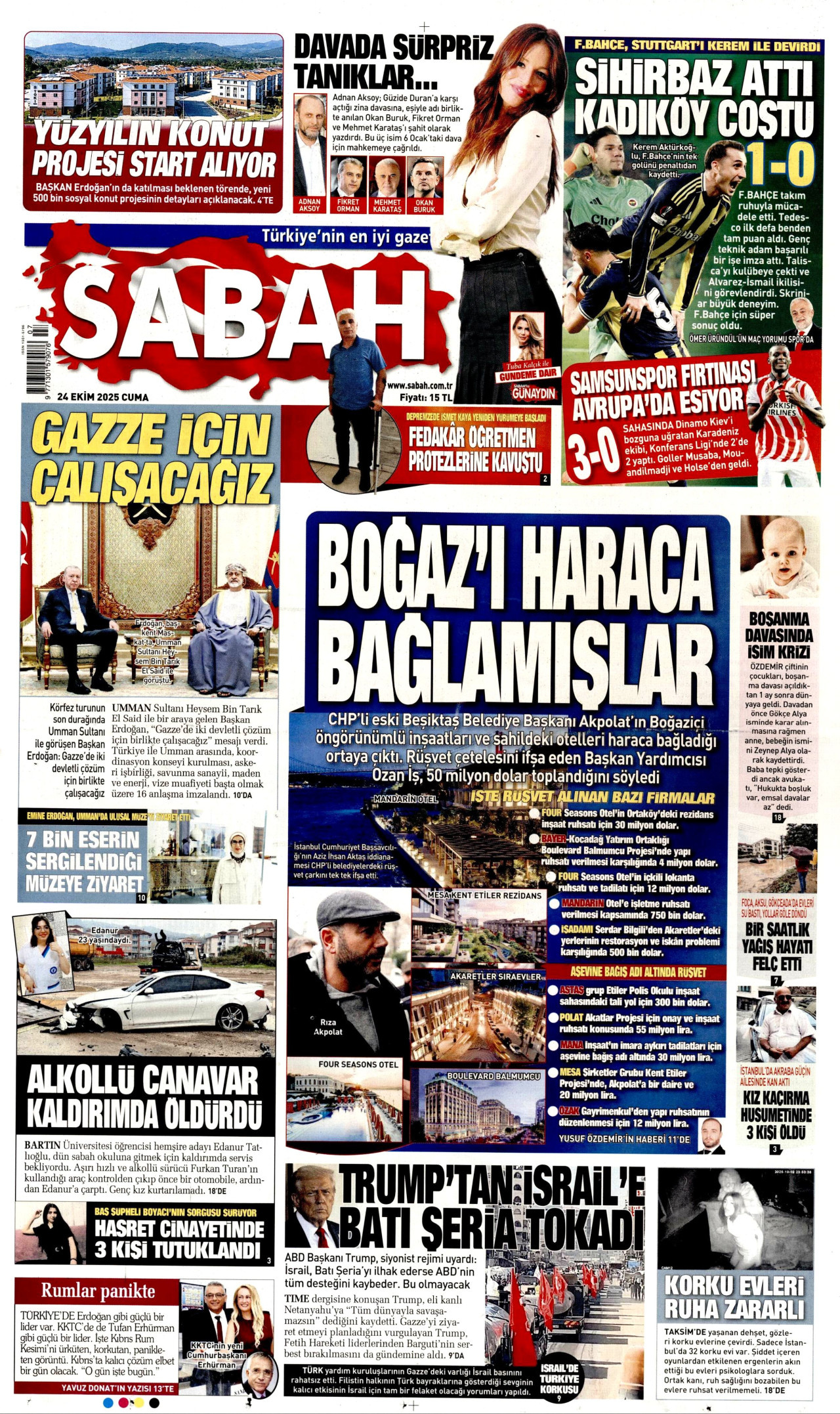 SABAH gazetesinin 24 Ekim 2025 tarihli birinci sayfası